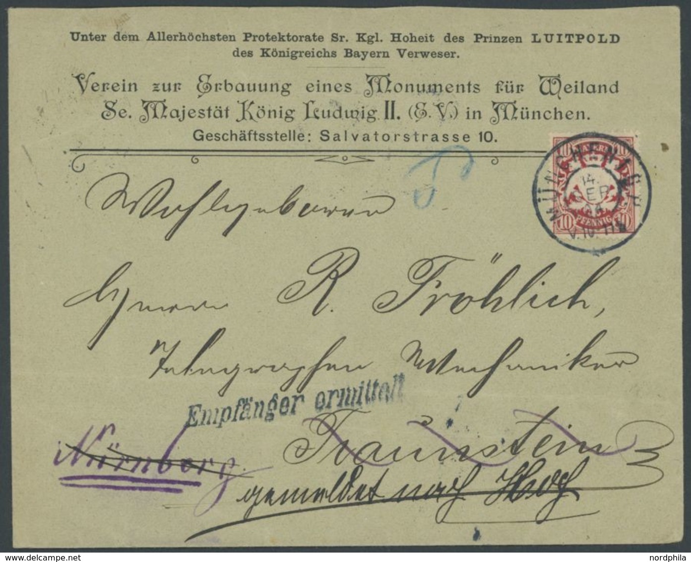 1914, 10 Pf. Karminrot Auf Zierbrief Des Vereins Zur Erbauung Eines Monuments Für König Ludwig, Mit Nachsendung Und L1 E - Other & Unclassified