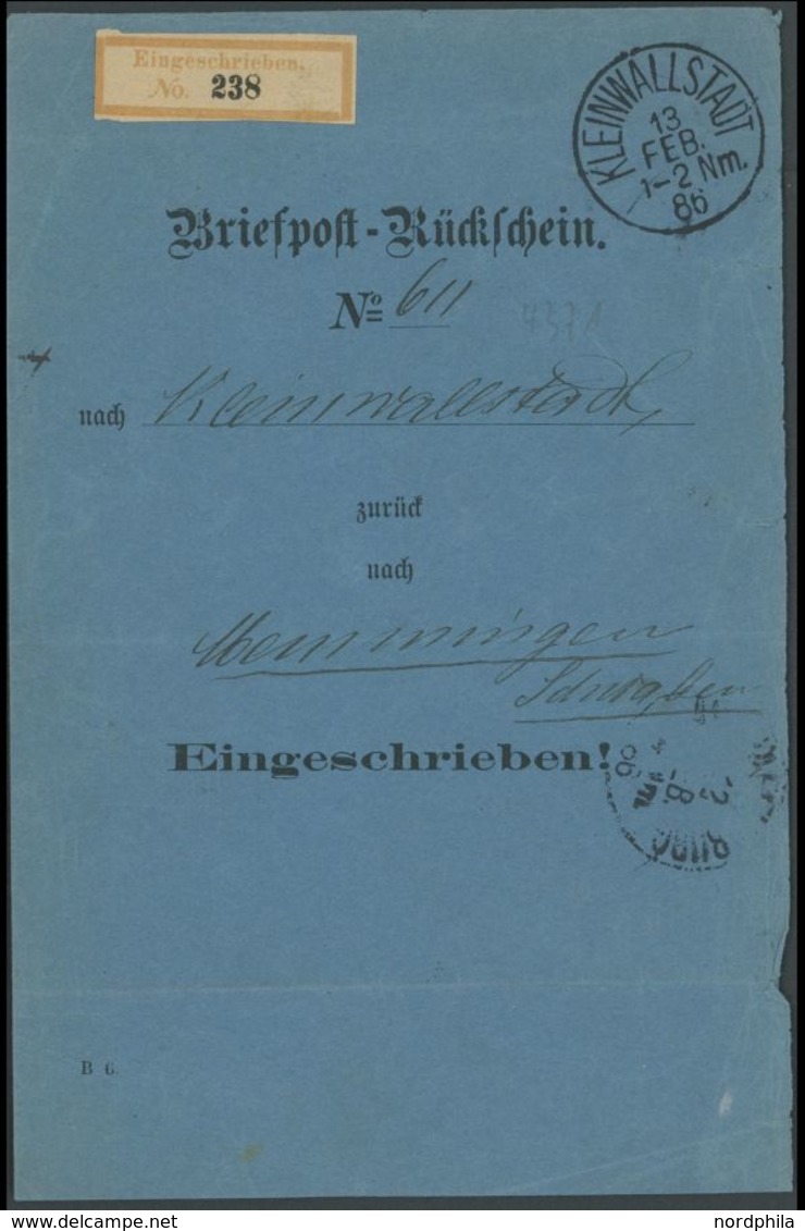 KLEINWALLSTADT, K1, Briefpost-Rücksein (1886), Einschreiben Mit Zusätzlichem R-Zettel Mit Gedruckter Nummer, Zurück Nach - Sonstige & Ohne Zuordnung