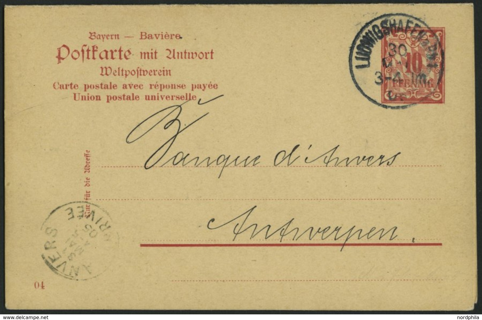 BAYERN P 70/02 BRIEF, 1905, 10/10 Pf. Ziffer Auf Raute, Ohne Wz., Stempel LUDWIGSHAFEN, Prachtkarte, Mi. 85.- - Autres & Non Classés