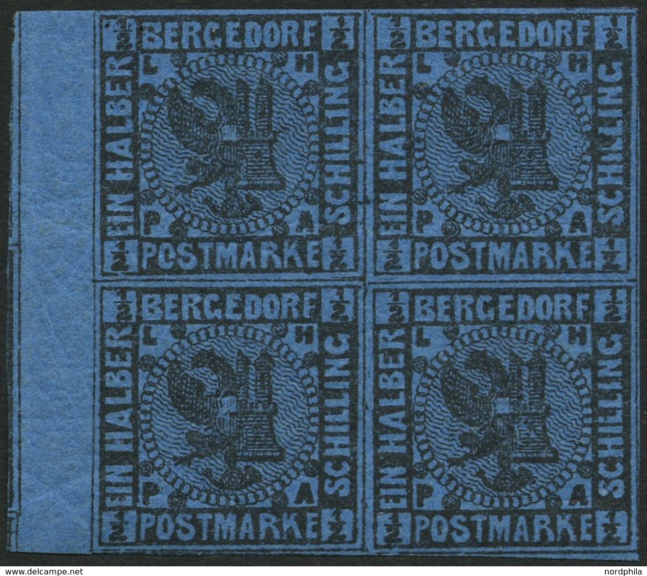 BERGEDORF 1b VB *, **, 1867, 1/2 S. Schwarz Auf Blau Im Randviererblock, Falzreste, Ein Wert Postfrisch, Pracht - Bergedorf