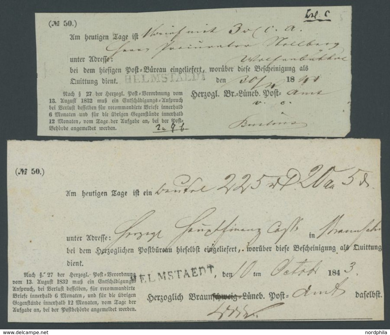 HELMSTAEDT, L1, 2 Verschiedene Postscheine (1841/3), Pracht -> Automatically Generated Translation: "HELMSTAEDT, Straigh - Prephilately