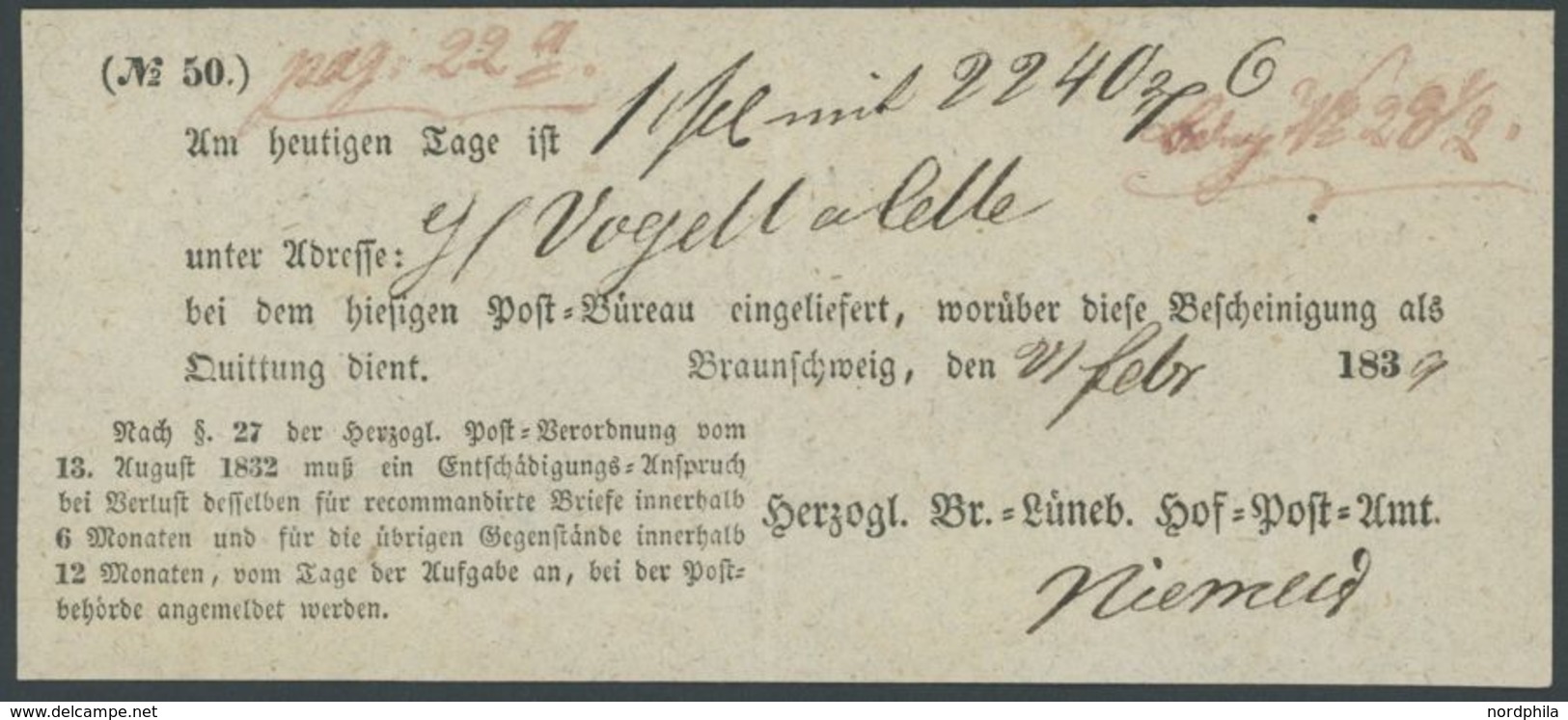 1839, Postschein Vom HERZOGL. BR. LÜNEB. HOF POST-AMT, Pracht -> Automatically Generated Translation: 1839, Postal Form  - Vorphilatelie