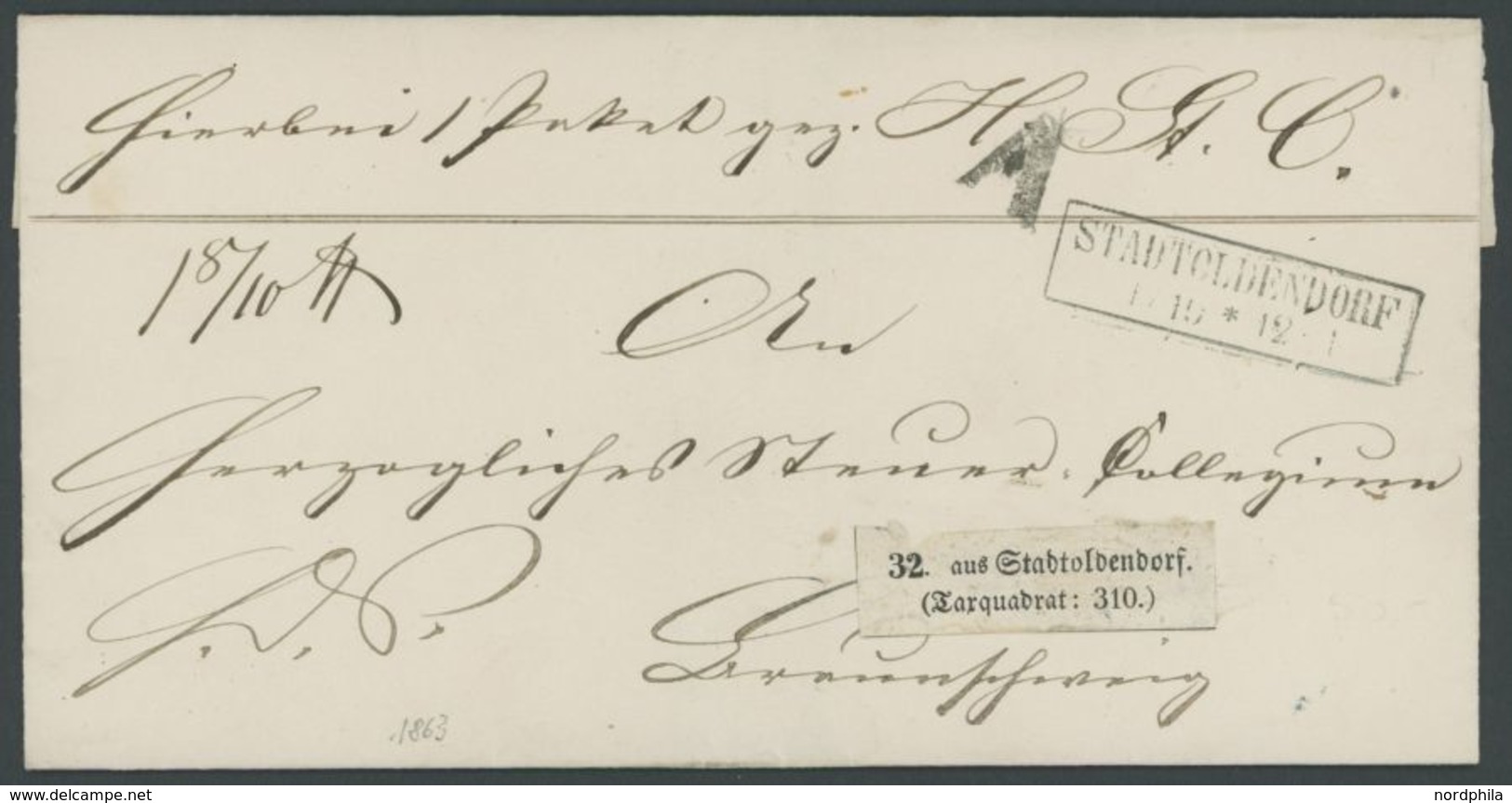 STADTOLDENDORF, R1 Auf Paketbegleitbrief (1863) Nach Braunschweig, Taxquadrat-Zettel, Pracht -> Automatically Generated  - Prephilately