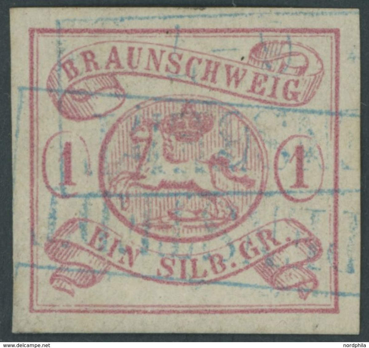 1852, 1 Sgr. Karmin, Blauer R2 (SCHÖP)PENSTEDT, Allseits Breitrandig, Pracht, Signiert Thier, Mi. (400.-) -> Automatical - Brunswick