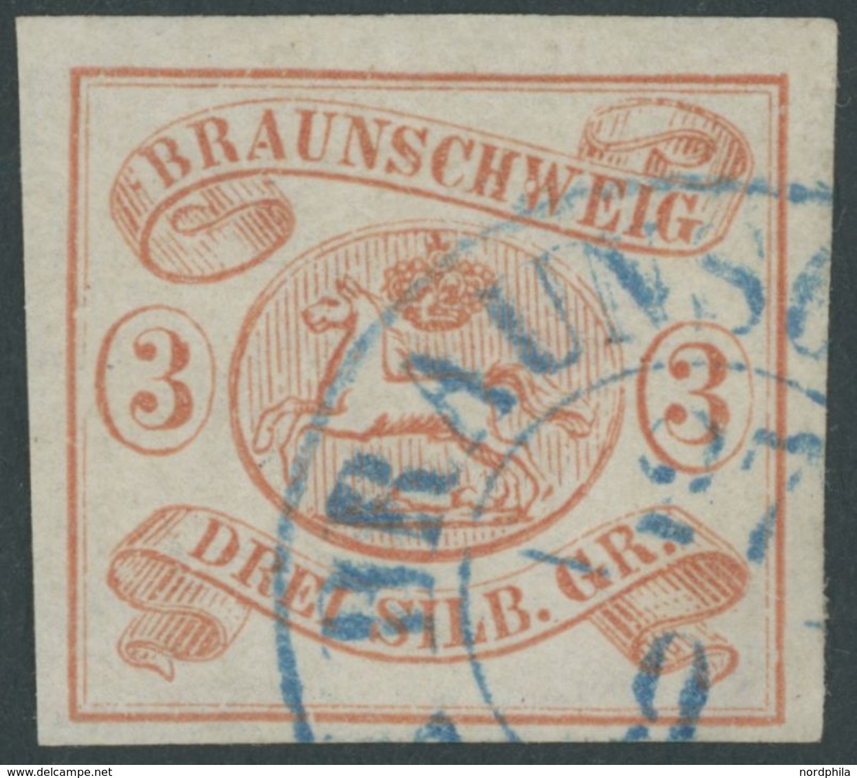 1852, 3 Sgr. Orangerot, Blauer K2 BRAUNSCHWEIG, Winzige Eckbugspur Sonst Pracht, Signiert, Mi. 350.- -> Automatically Ge - Braunschweig