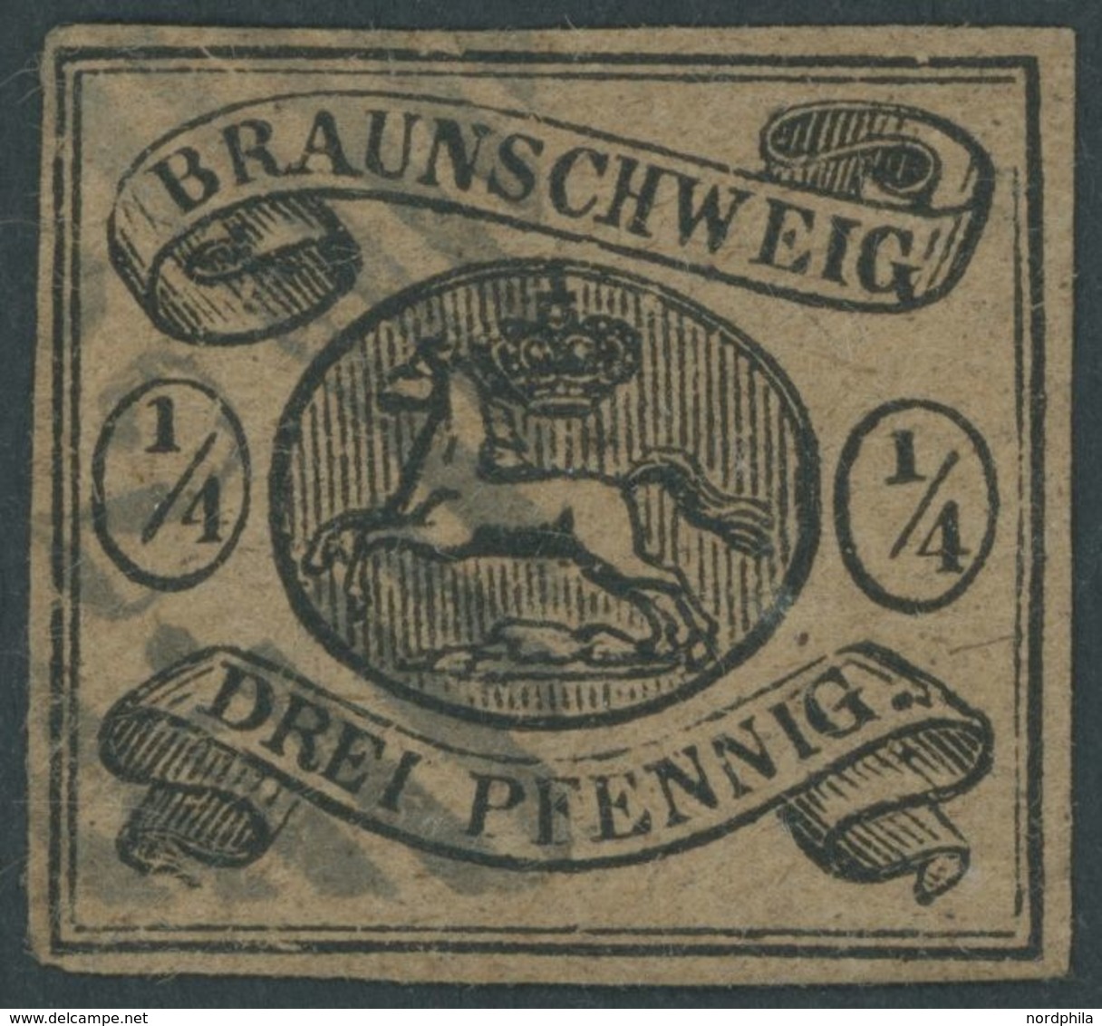 1856,  1/4 Ggr. Schwarz Auf Hellbraun, Schmal-breitrandig, Pracht, Mi. 320.- -> Automatically Generated Translation: 185 - Brunswick