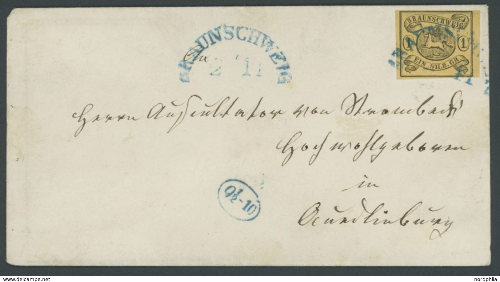 1853, 1 Sgr. Schwarz Auf Sämisch, Wz. Mundstück Nach Links, Mit Blauem Halbkreisstempel Auf Brief Nach Quedlinburg, Fein - Braunschweig