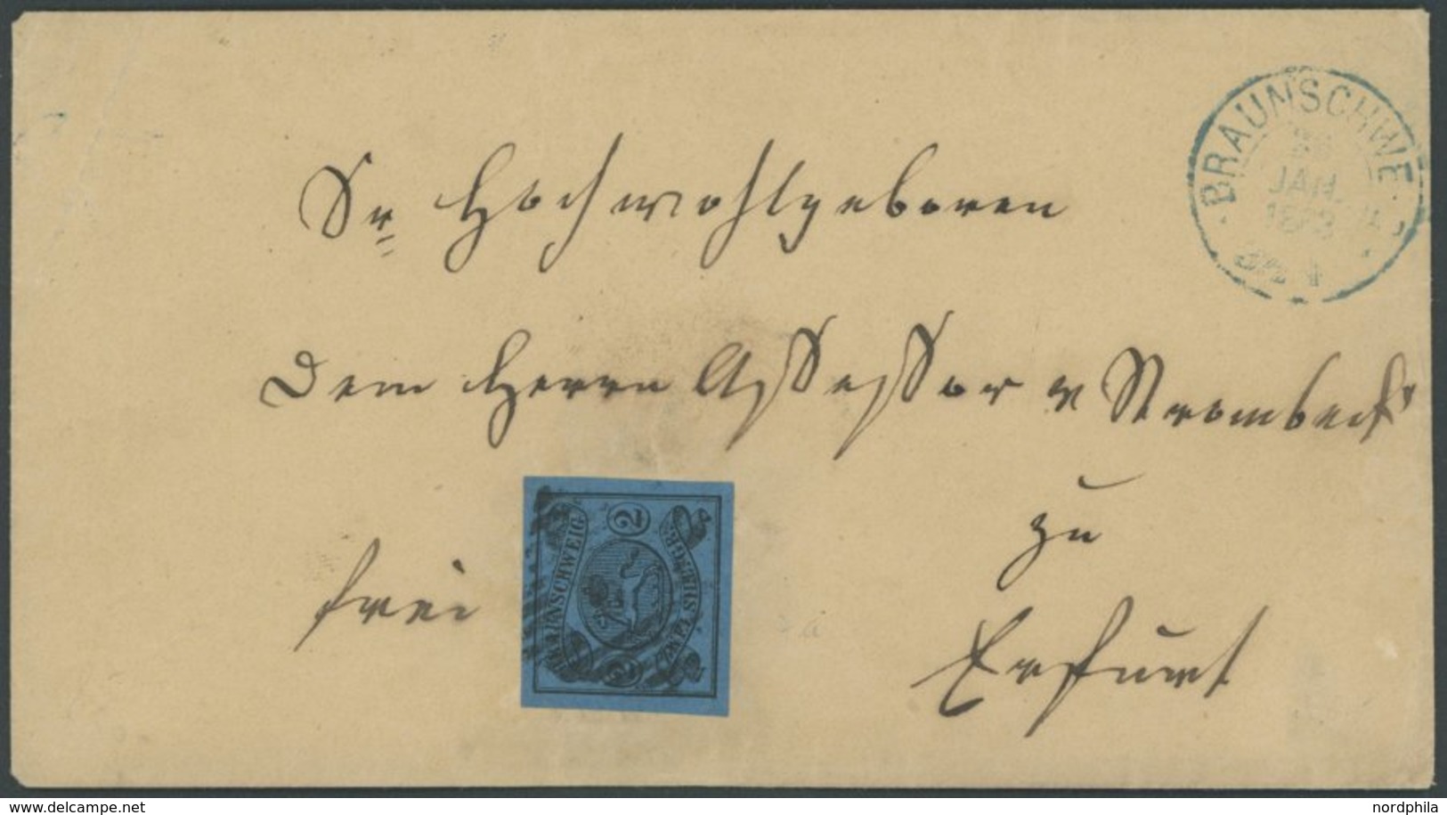 BRAUNSCHWEIG 7a BRIEF, 1863, 2 Sgr. Schwarz Auf Blau, Breitrandig Auf Prachtbrief Von BRAUNSCHWEIG Nach Erfurt - Braunschweig