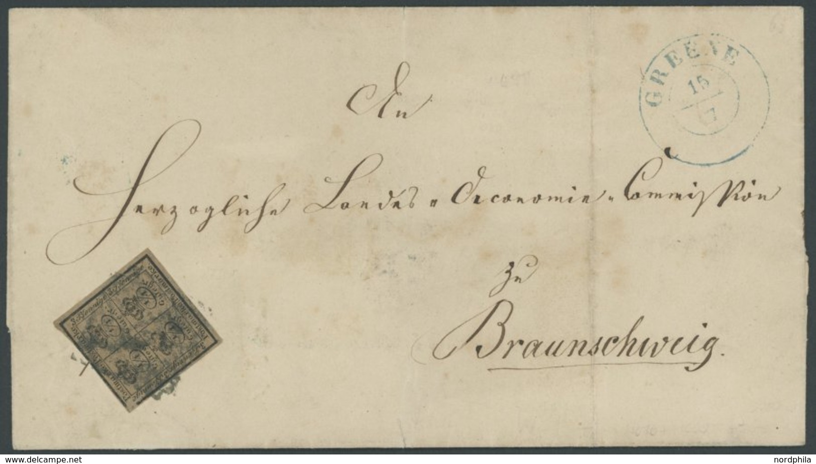 BRAUNSCHWEIG 9a BRIEF, 1863, 4/4 Gr. Schwarz Auf Graubraun Mit Nummernstempel Und Seltenem Blauen Nebenstempel GREENE Au - Braunschweig