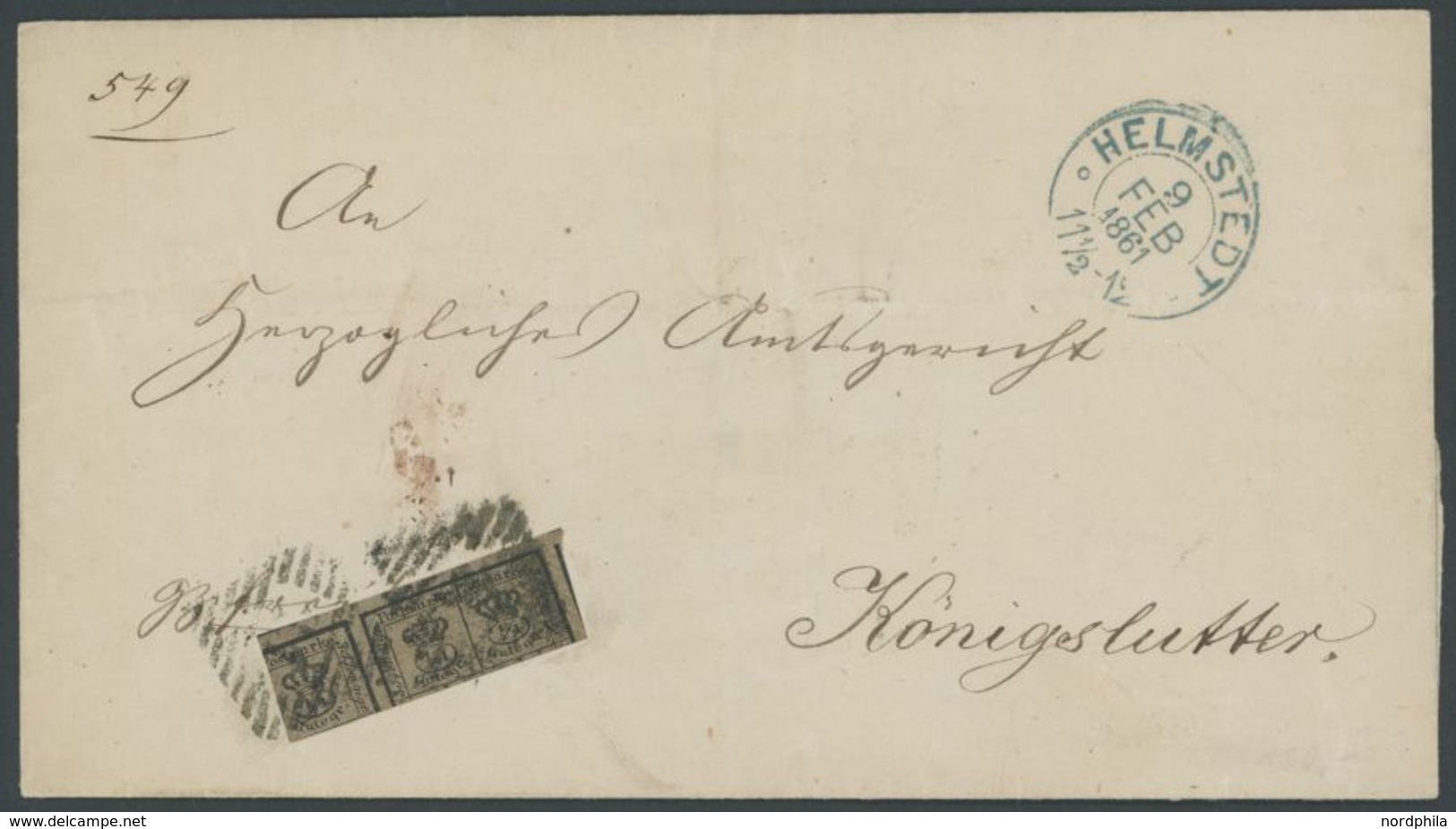 1861, 3/4 Ggr. Schwarz Auf Graubraun Mit Nummernstempel 21 Von HELMSTEDT Nach Königslutter, Pracht -> Automatically Gene - Brunswick