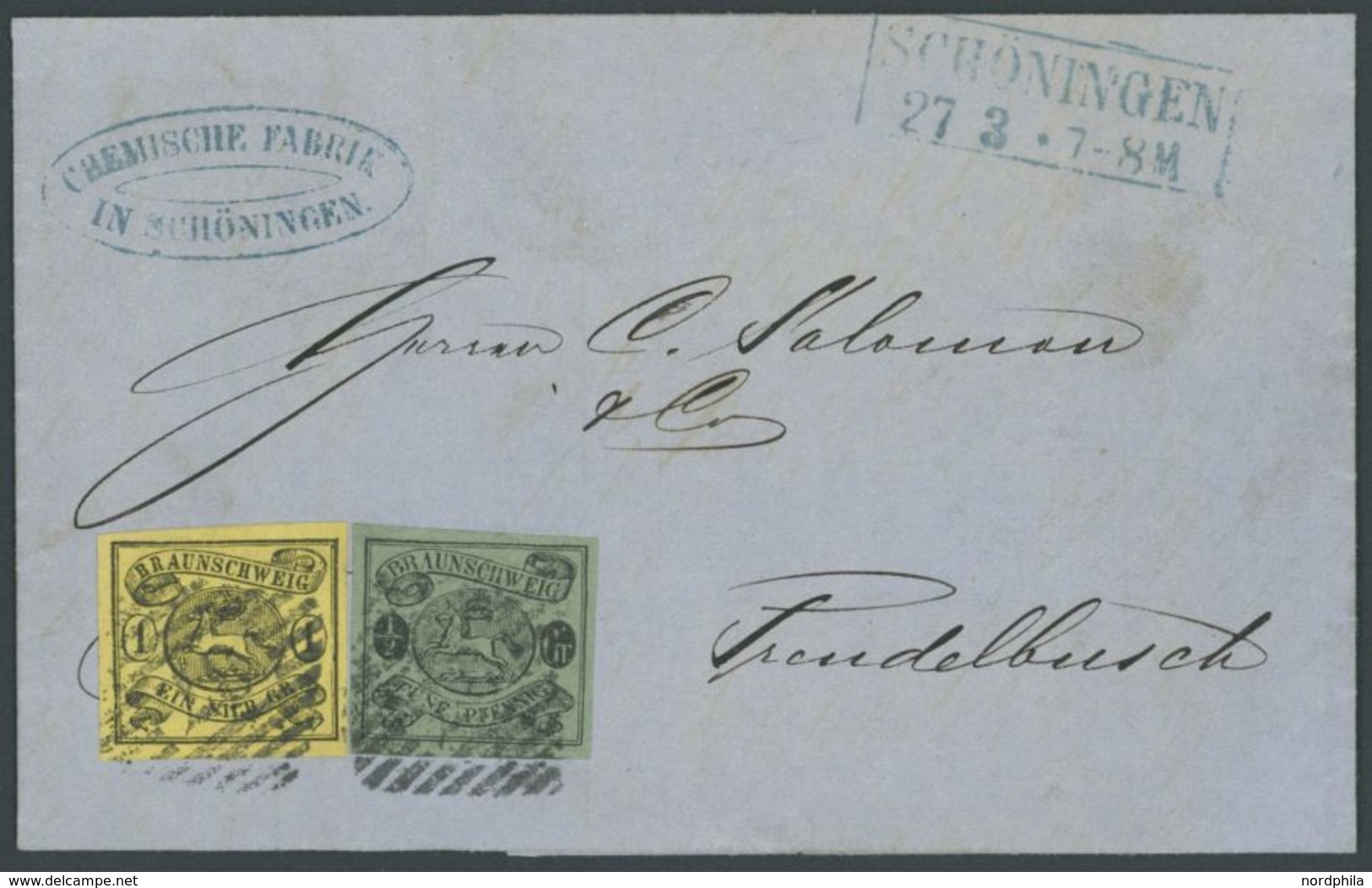 1864,  1/2 Gr. Schwarz Auf Lebhaftgraugrün Und 1 Sgr. Schwarz Auf Lebhaftgraugelb Mit Nummernstempel 37 Auf Dekorativem  - Brunswick