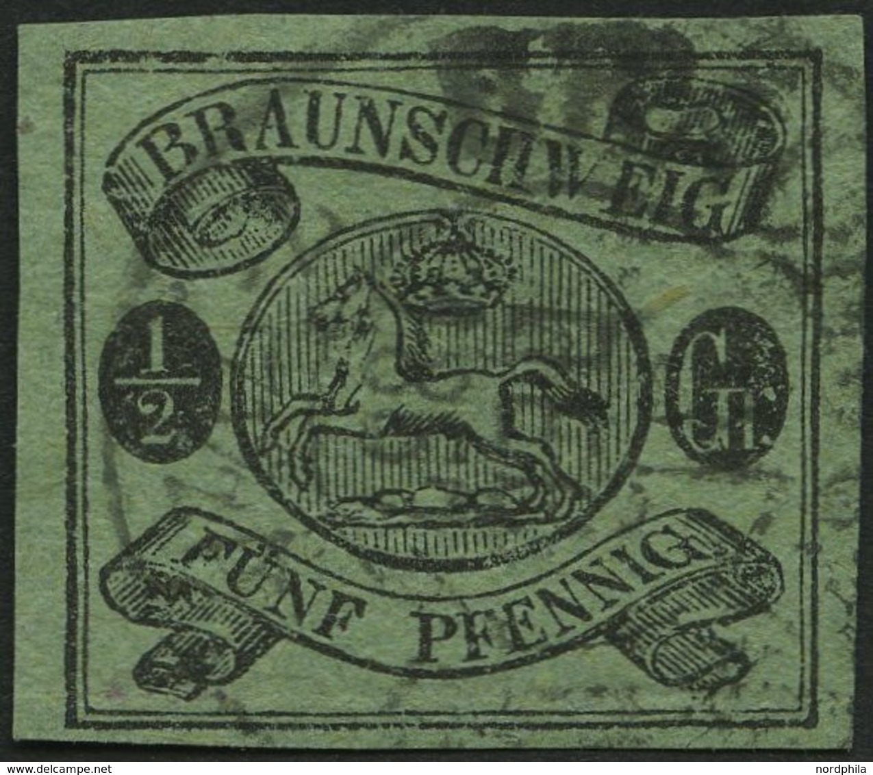 BRAUNSCHWEIG 10Ax O, 1863, 1/2 Gr. Schwarz Auf Lebhaftgraugrün, Pracht, Gepr. U.a. Drahn, Mi. 300.- - Braunschweig