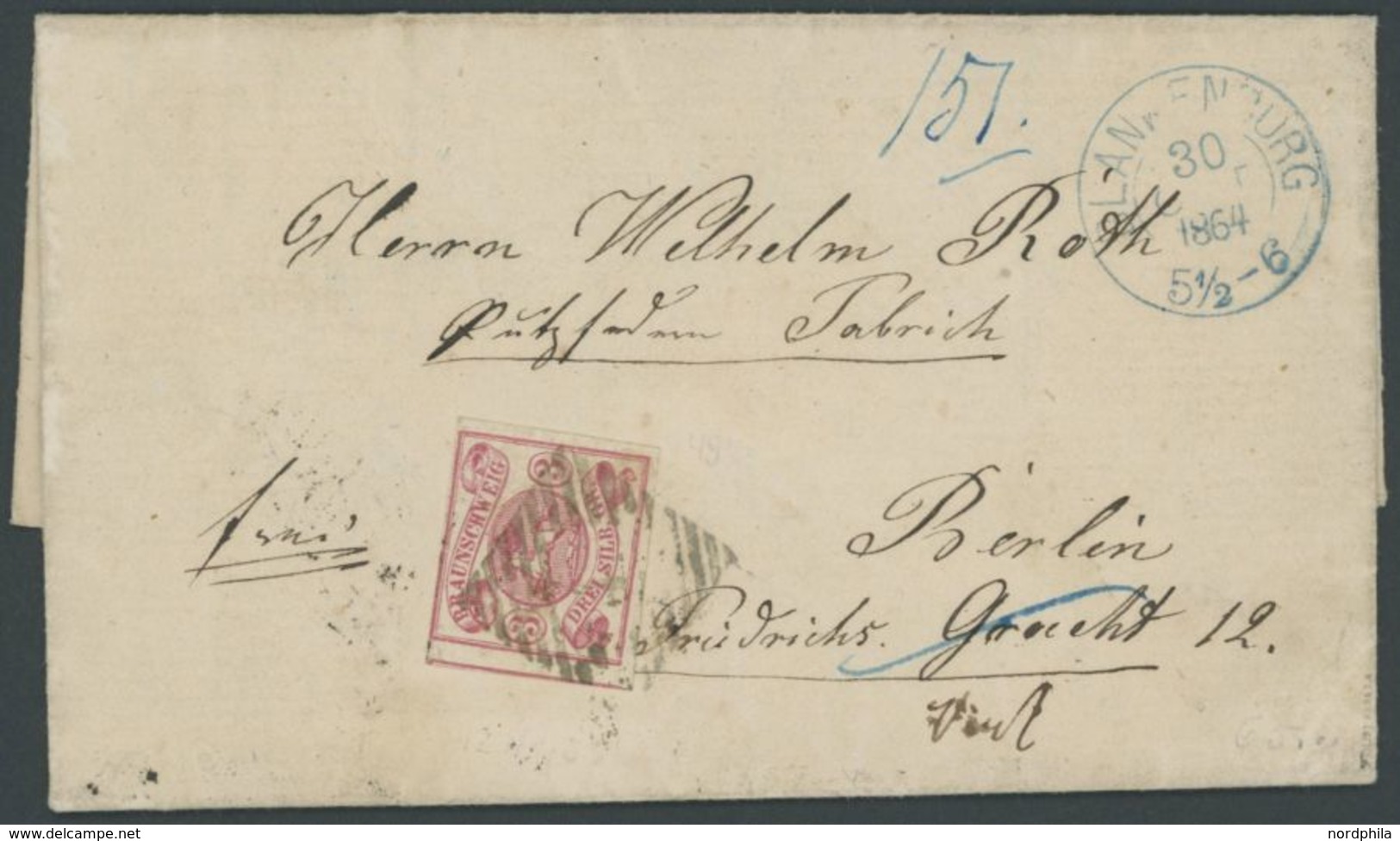 1864, 3 Sgr. Rosa Mit Nummernstempel 4 Auf Brief Von BLANKENBURG Nach Berlin, Randlinienschnitt Oben Linkes, Sonst Voll- - Brunswick