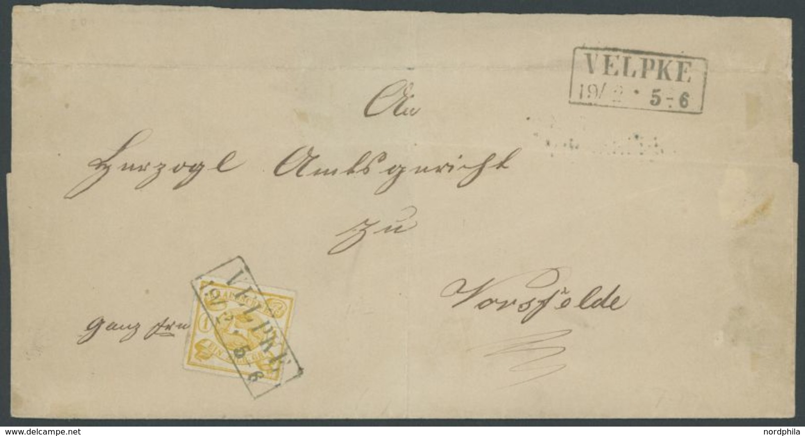 1865, 1 Sgr. Gelbocker, Durchstochen 16, Kabinettstück Mit R2 VELPKE Auf Nicht Perfektem Brief Nach Vorsfelde -> Automat - Braunschweig