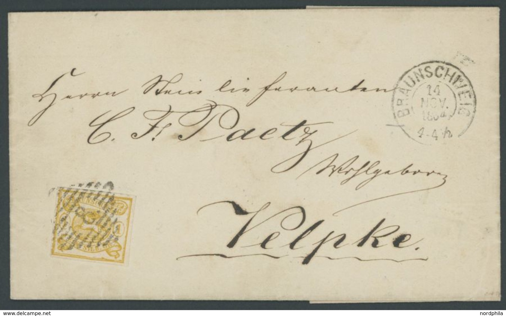 1864, 1 Sgr. Gelbocker, Durchstochen 12, Mit Zweiseitiger Scherentrennung Auf Dekorativem Brief Von BRAUNSCHWEIG Nach Ve - Braunschweig