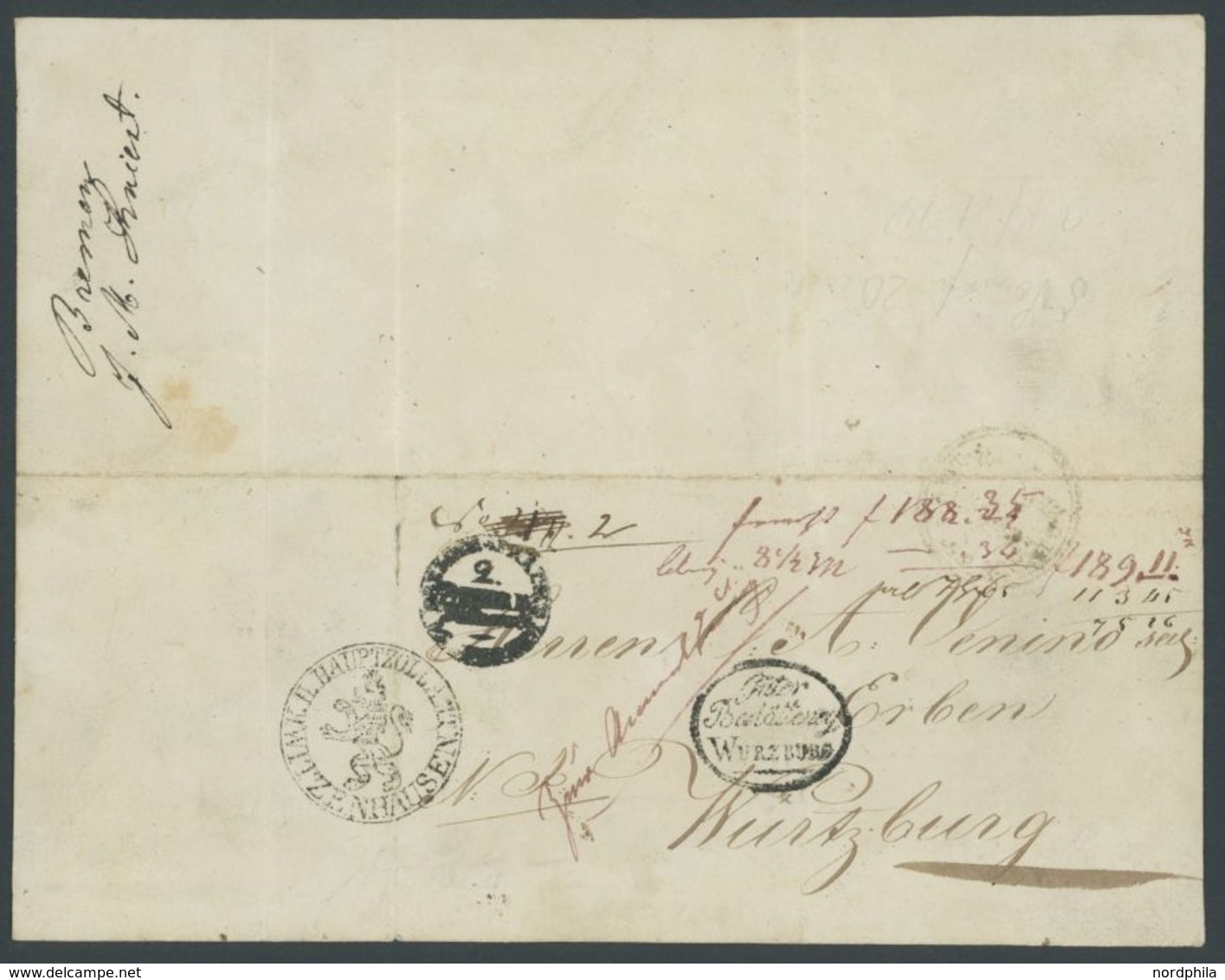1837, Fuhrmannsbrief Von BREMEN Nach Würzburg, Pracht -> Automatically Generated Translation: 1837, Carter&#039,s Letter - Prephilately