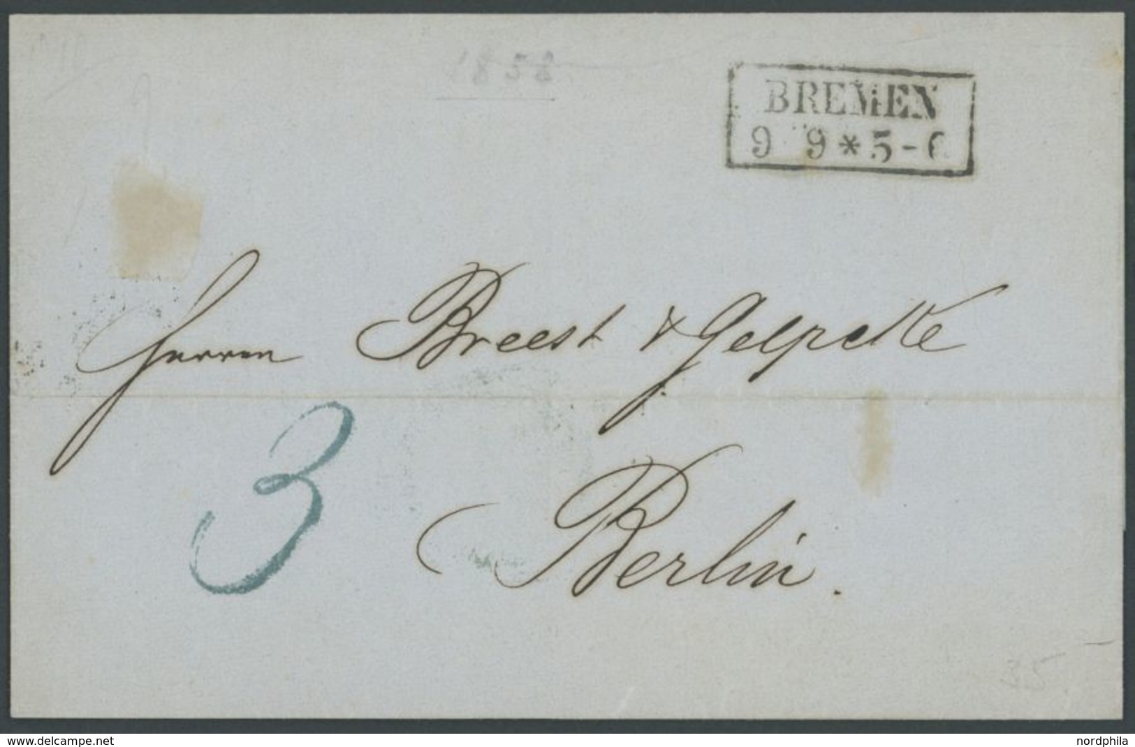 1858, R2 BREMEN Und Klarer Tax-Stempel 3 Auf Brief Nach Berlin, Pracht -> Automatically Generated Translation: 1858, Rec - Bremen