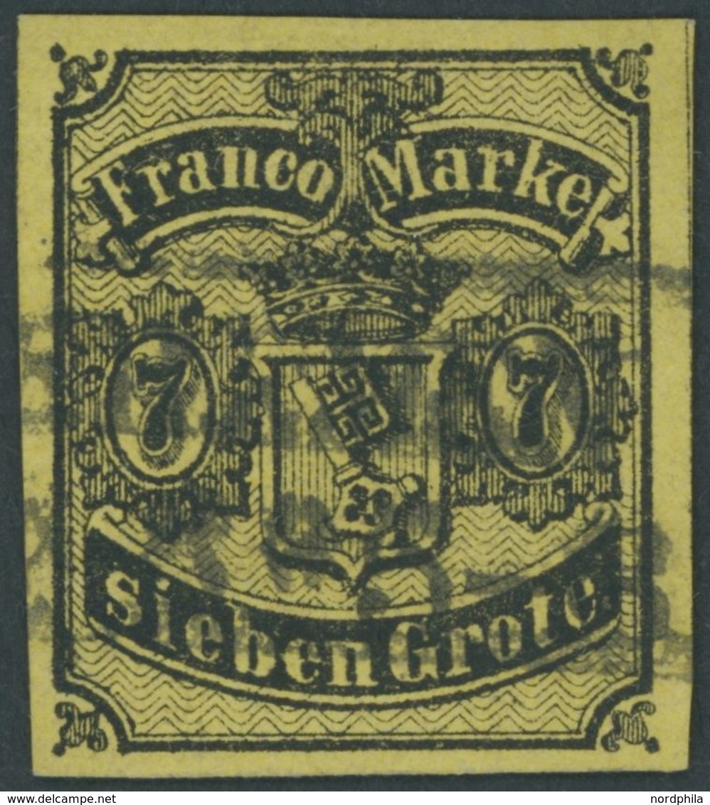 1860, 7 Gr. Schwarz Auf Rötlichgelb, Allseits Breitrandig, Kabinett, Diverse Signaturen, Fotoatteste Matl Und Bühler, Mi - Bremen