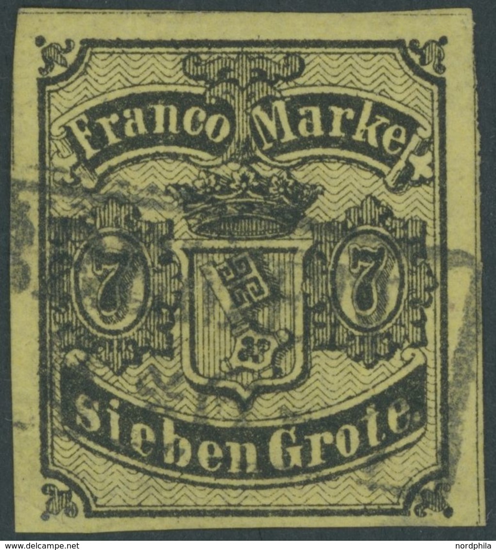 1860, 7 Gr. Schwarz Auf Gelboliv, Zwei Kleine Rückseitige Schürfungen Sonst Farbfrisch Pracht, Gepr. W. Engel, Mi. 1100. - Bremen