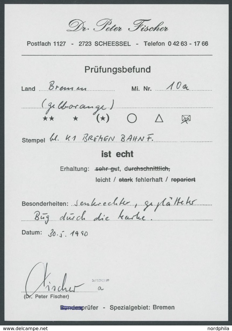 1867, 2 Gr. Dunkelgelblichorange Auf Brief Mit Blauem K1 BREMEN BAHNF., Senkrechter Geglätteter Bug Durch Die Marke Sons - Bremen