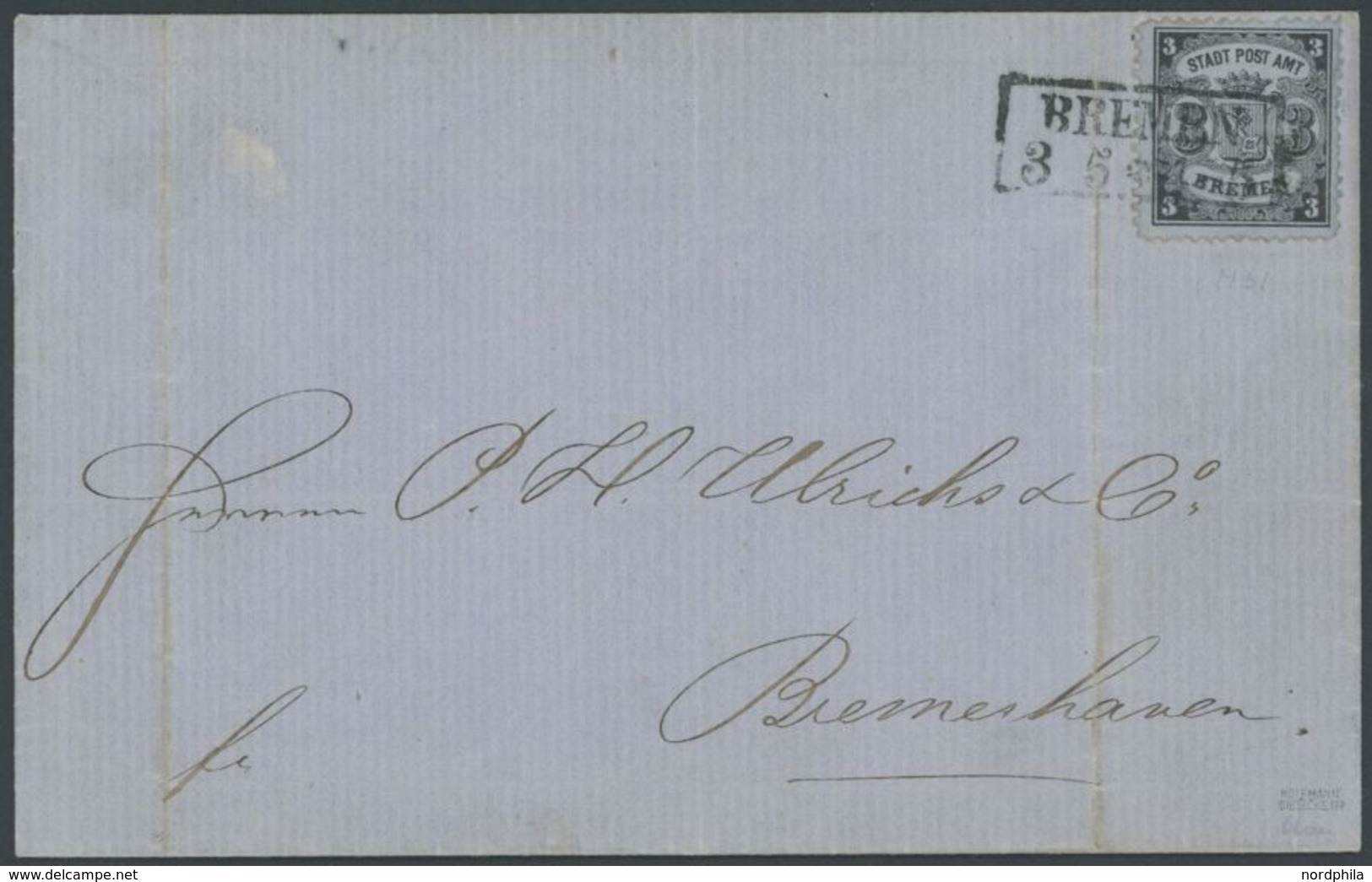 1866, 3 Gr. Schwarz Auf Graublau, Type I, Auf Brief Von BREMEN Nach Bremerhaven, Kleine Zahnmängel, Feinst, Gepr. Hoffma - Bremen