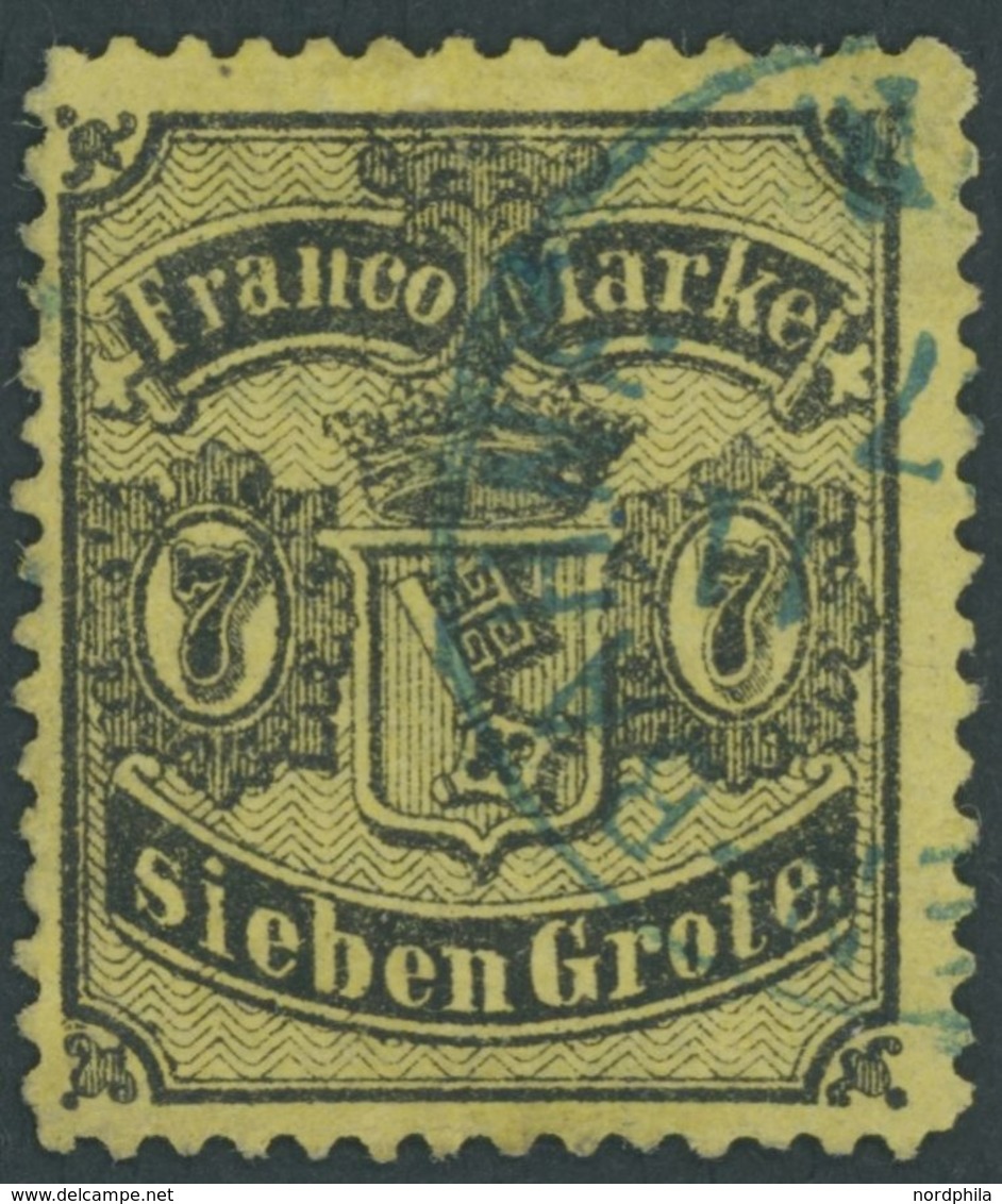 1867, 7 Gr. Schwarz Auf Hellrötlichgelb, Blauer K1 BREMEN-BAHNF., Kleine Korrekturen, Wie Pracht, Gepr. Grobe, Mi. 5500. - Bremen