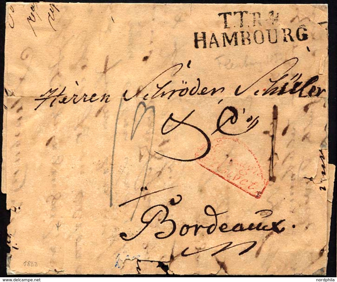 HAMBURG - THURN UND TAXISCHES O.P.A. 1833, TT.R.4. HAMBOURG, L2 Auf Brief Nach Bordeaux, Roter Segmentstempel ALLEMAGNE  - Otros & Sin Clasificación