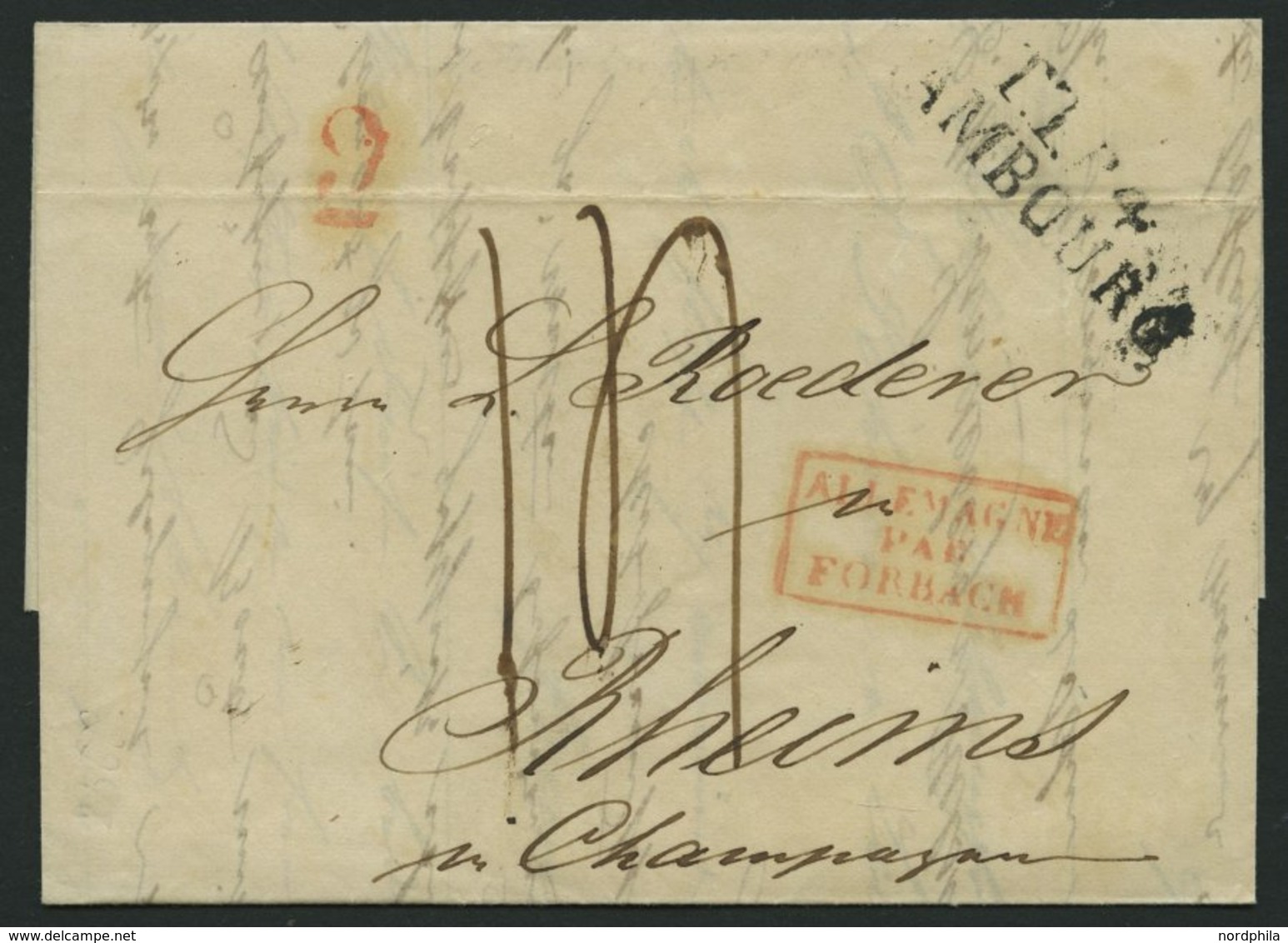 HAMBURG - THURN UND TAXISCHES O.P.A. 1836, TT.R.4. HAMBOURG, L2 Auf Forwarded-Letter Von Helsingsborg Nach Rheims, Roter - Sonstige & Ohne Zuordnung