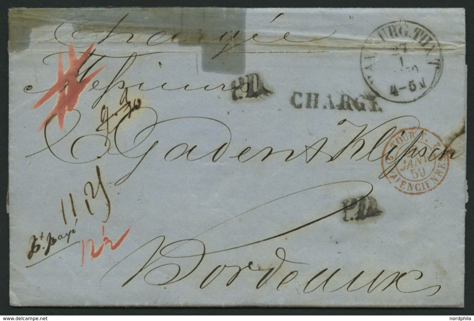 HAMBURG - THURN UND TAXISCHES O.P.A. 1859, HAMBURG T & T, K1 Auf Chargé-Brief Nach Bordeaux, 2x L1 CHARGÉ Und P.O., Fein - Other & Unclassified