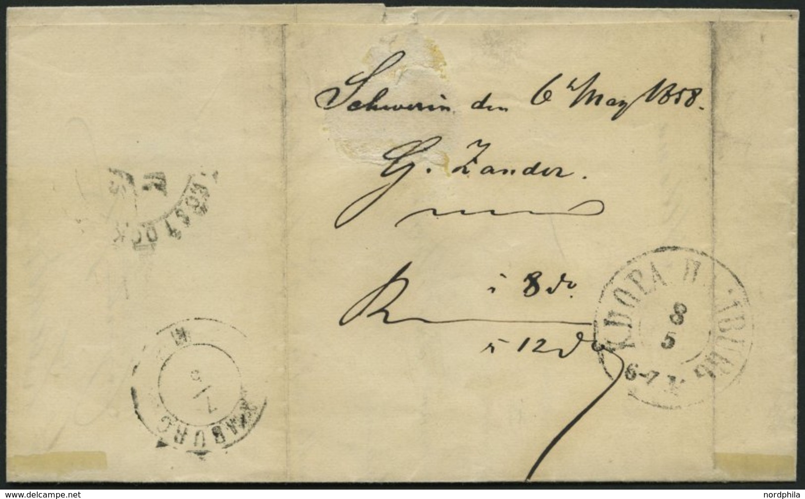 HAMBURG 1858, K.D.O.P.A. HAMBURG, K2 Rückseitig Auf Brief Von Schwerin Nach Altona, Feinst - Prephilately