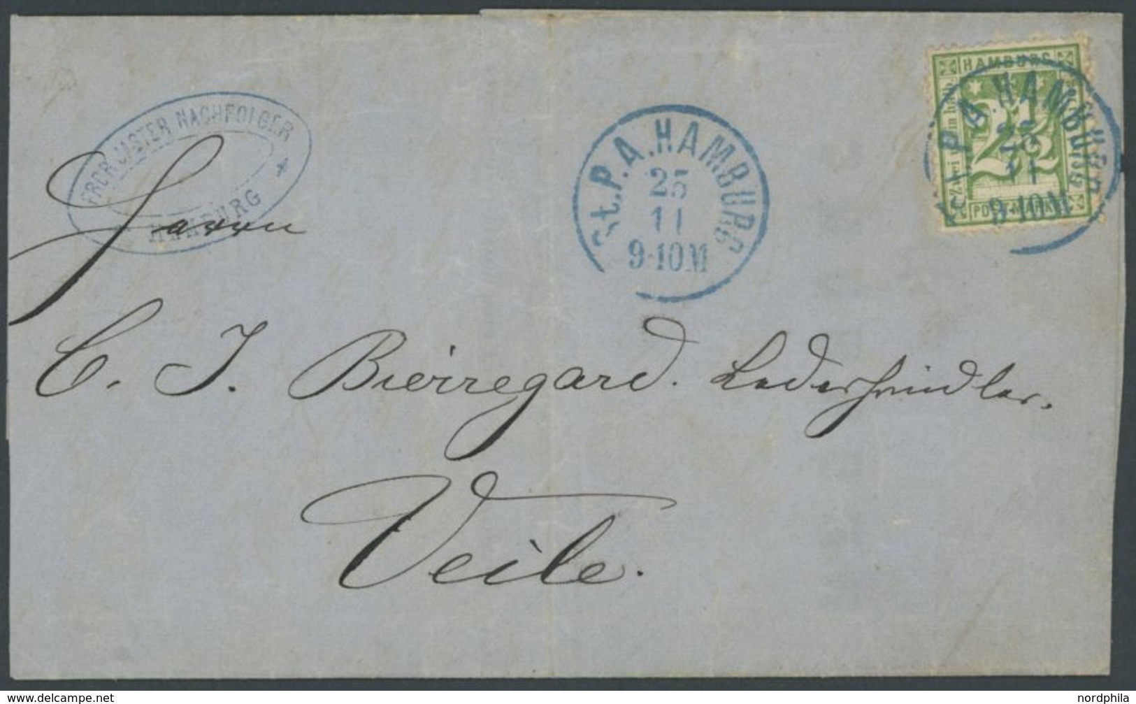 1866, 2 1/2 S. Dunkelopalgrün, Abgenutzter Druck, Mit Blauem K1 St.P.A. HAMBURG Auf Brief Nach Veile, Feinst -> Automati - Hambourg