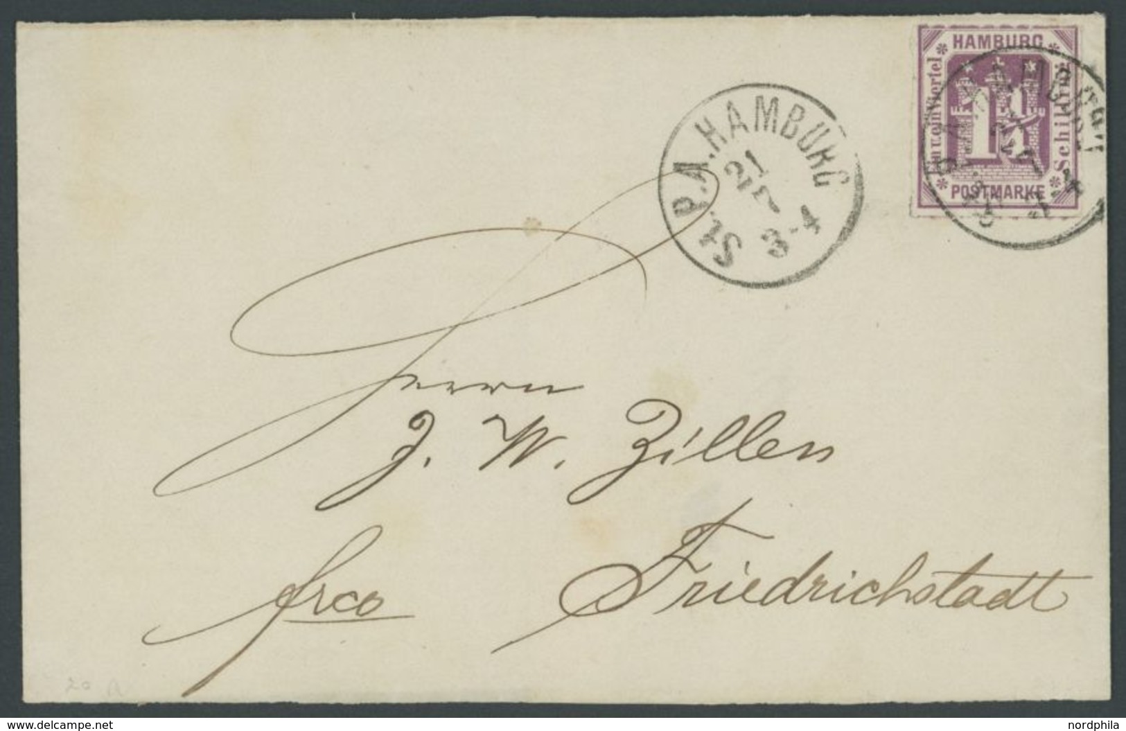 1866, 1 1/4 S. Dunkelbraunviolett Mit K1 St.P.A. HAMBURG Auf Nicht Vollständiger Briefhülle Nach Friedrichstadt, Pracht, - Hambourg