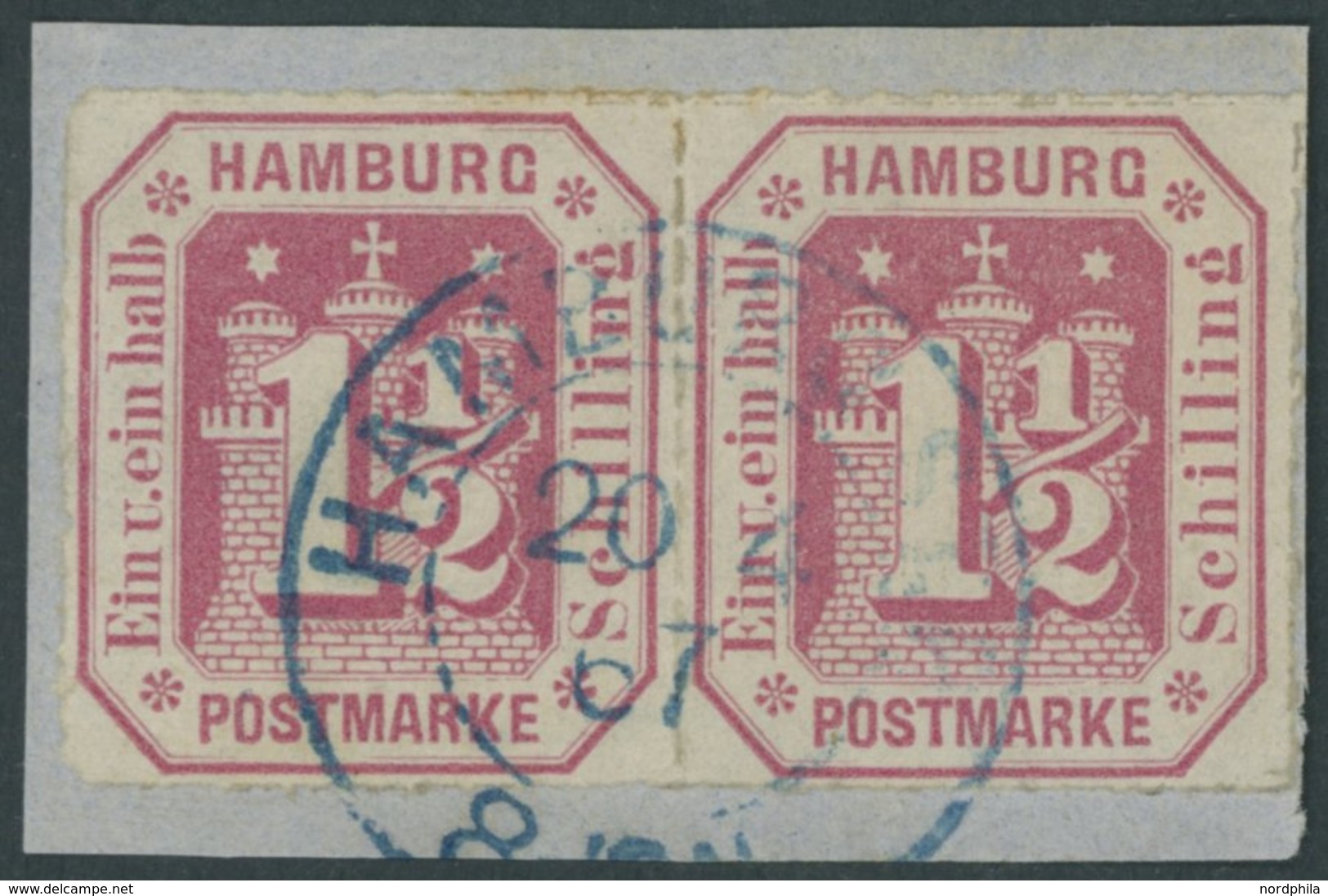 HAMBURG 21 Paar BrfStk, 1866, 11/2 S. Karmin Im Waagerechten Paar, Blauer K2 HAMBURG ST.P., Prachtbriefstück, Signiert K - Hamburg (Amburgo)