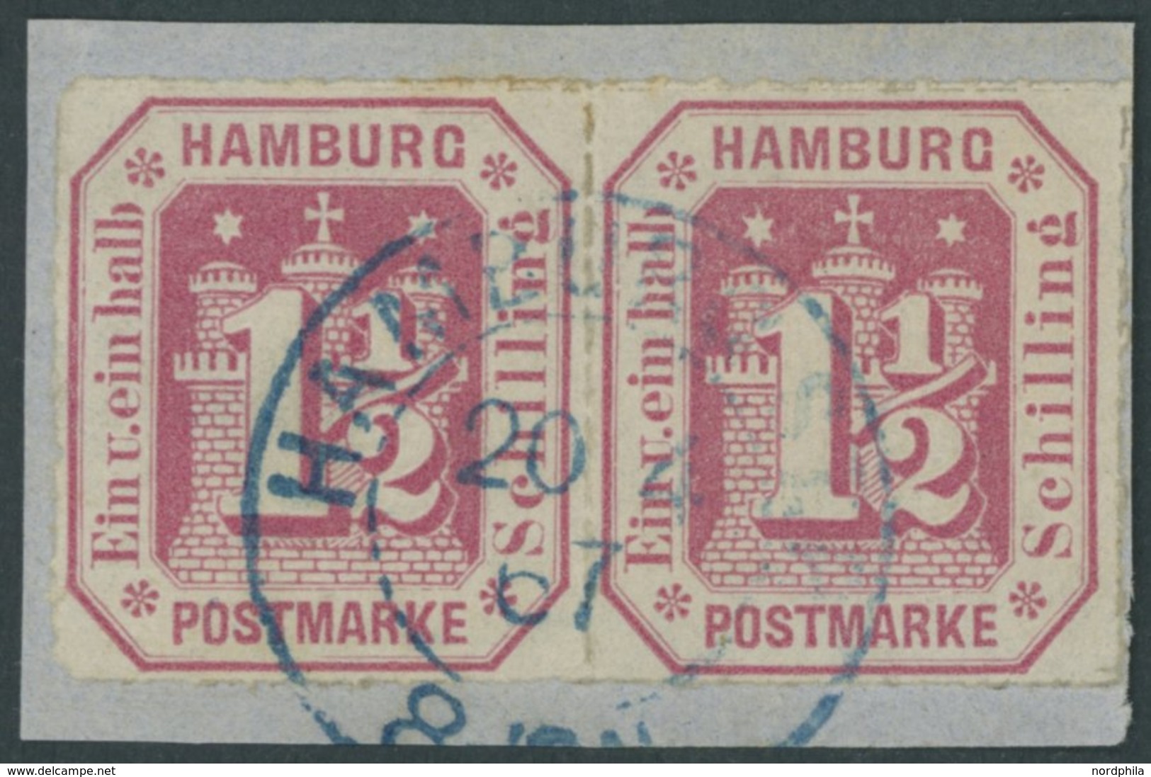HAMBURG 21 Paar BrfStk, 1866, 11/2 S. Karmin Im Waagerechten Paar, Blauer K2 HAMBURG ST.P., Prachtbriefstück, Signiert K - Hamburg