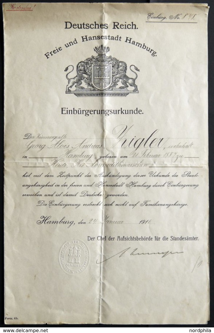 HAMBURG 1916, Einbürgerungsurkunde Der Freie N Und Hansestadt Hamburg, Pracht - Hamburg