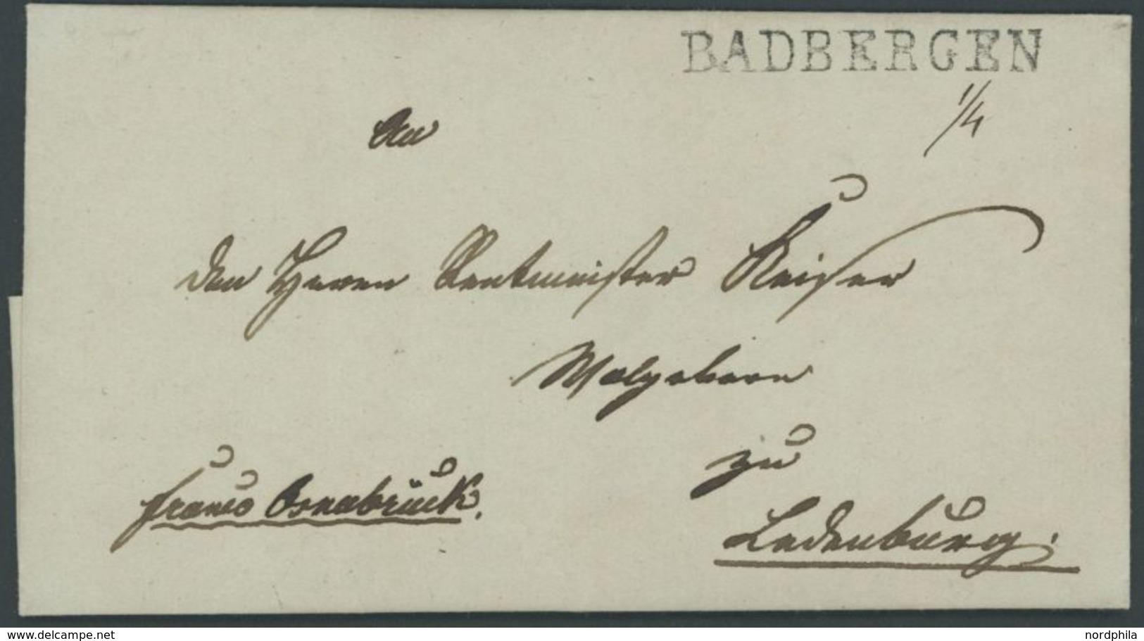BADBERGEN, L1 Mit Handschriftlichem Datum, Briefhülle Nach Ladenburg, Pracht -> Automatically Generated Translation: "BA - Préphilatélie