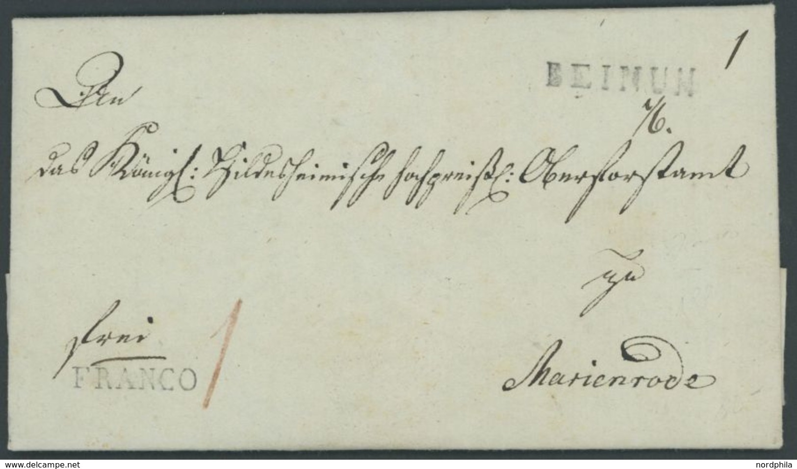 BEINUM, L1 Auf Brief (1820) Mit Inhalt Nach Marienrode, L1 FRANCO, Pracht -> Automatically Generated Translation: "BEINU - Prephilately