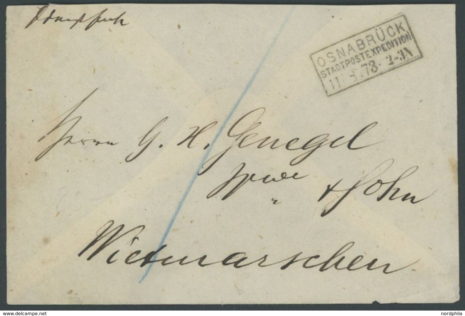 OSNABRÜCK STADTPOSTEXPEDITION, R3 Auf Briefhülle (1873), Feinst -> Automatically Generated Translation: "Osnabrueck City - Prephilately