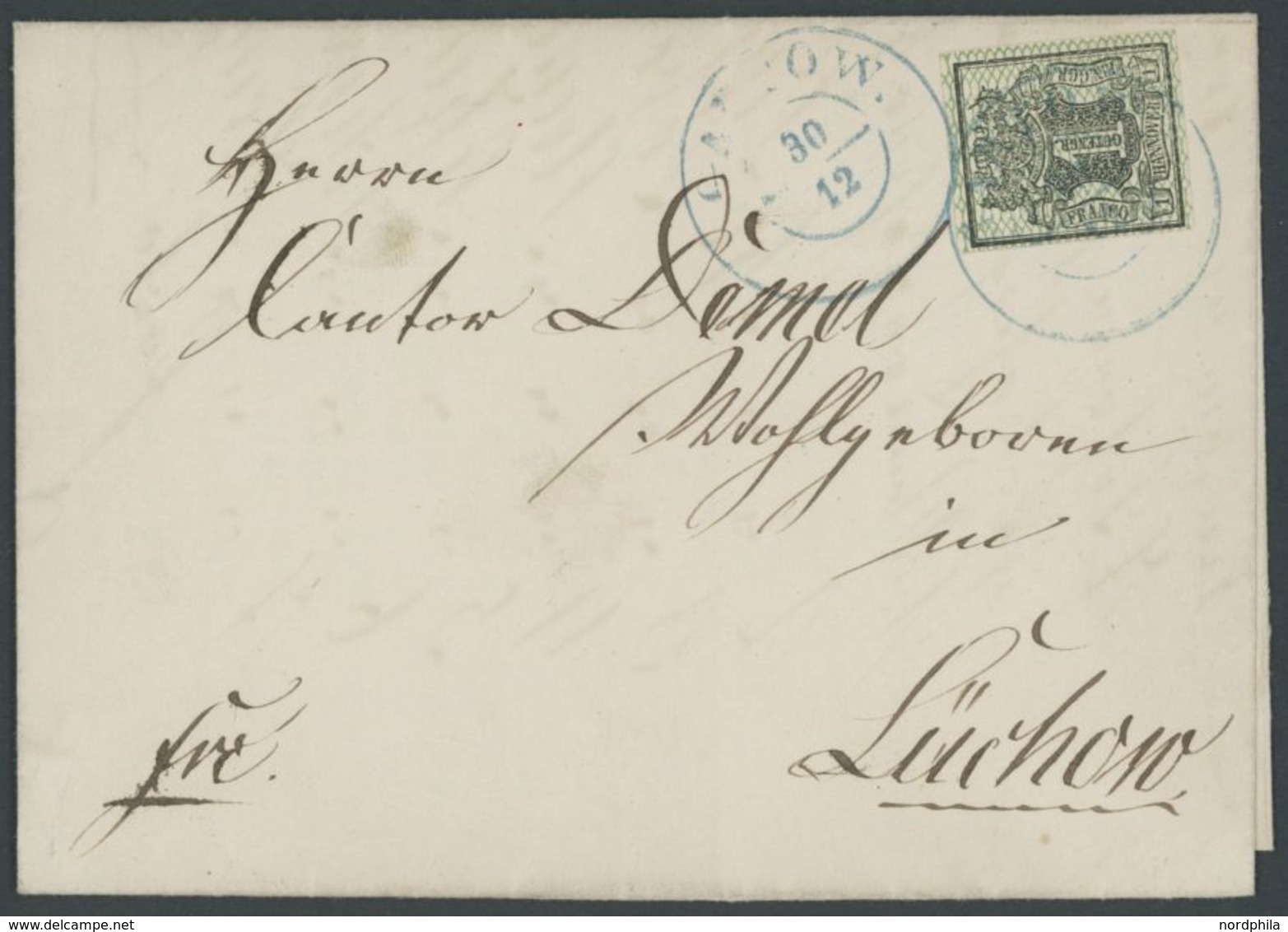 1857, 1 Gr. Schwarz/lebhaftolivgrün, Mit Blauem K2 Auf Brief Von GARTOW Nach Lüchow, Pracht -> Automatically Generated T - Hanover