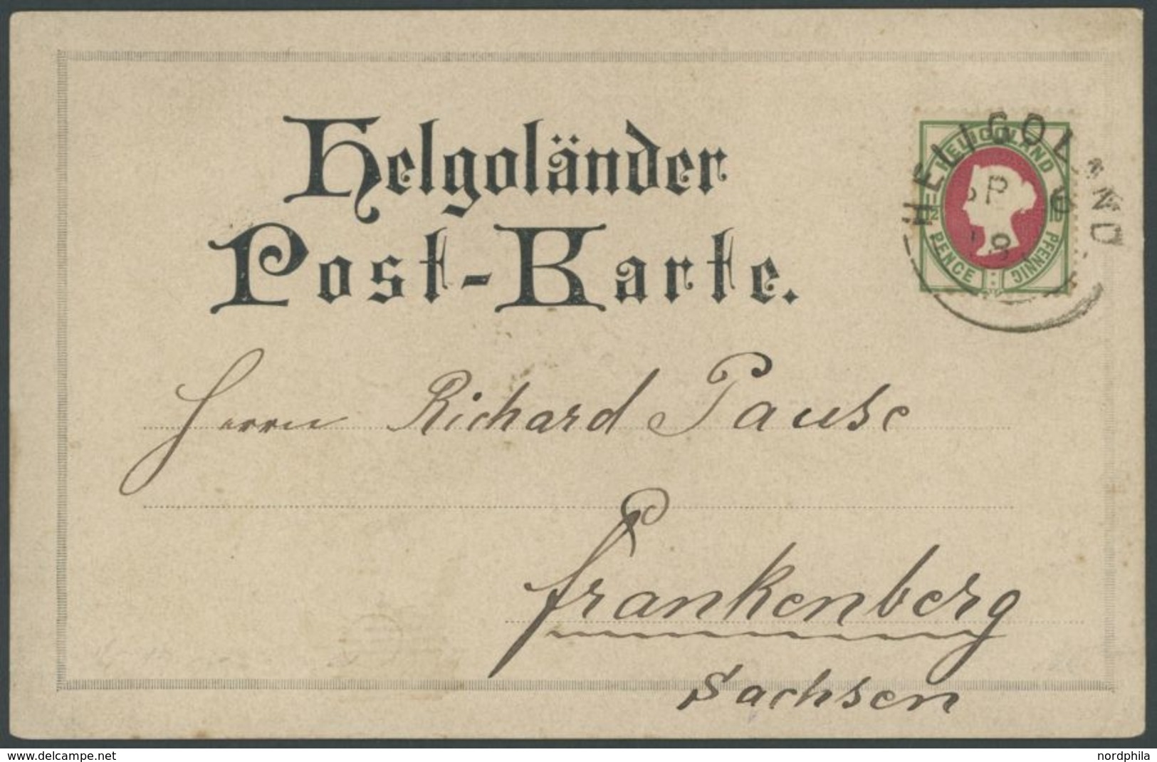 1886, 10 Pf. Mittelgrün/mittellilakarmin Auf Helgoländer Post-Karte Nach Frankenberg, Marke Links Unten Zahnmängel Sonst - Helgoland