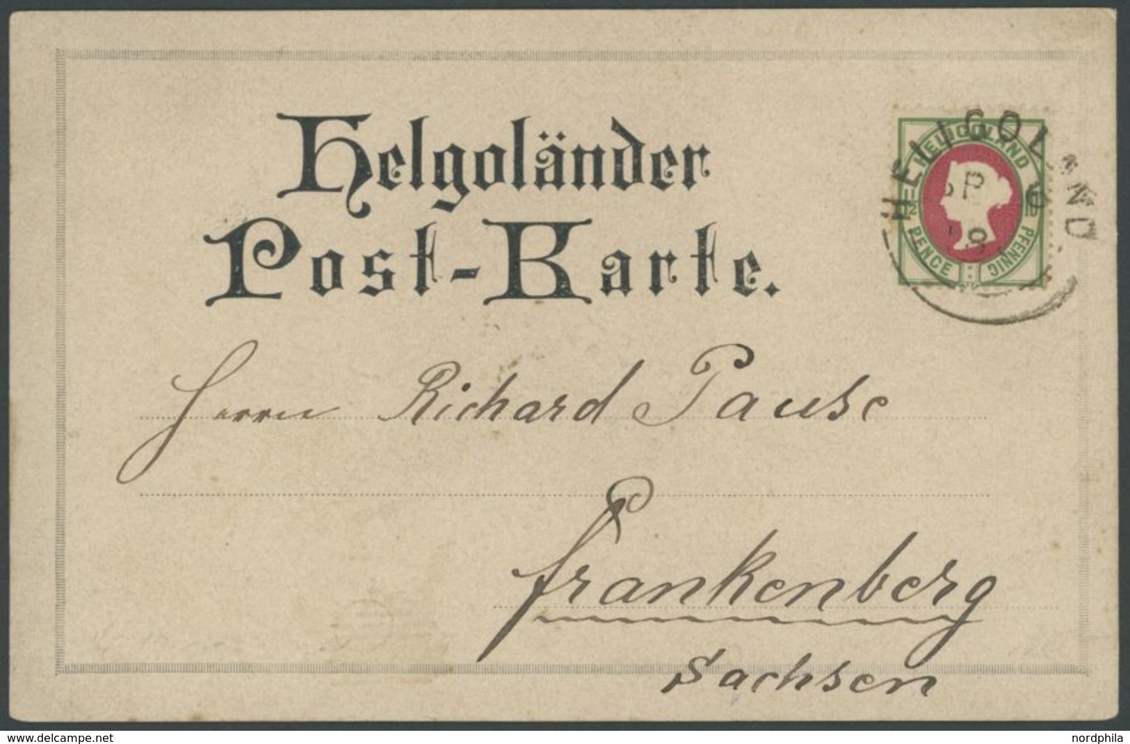 1886, 10 Pf. Mittelgrün/mittellilakarmin Auf Helgoländer Post-Karte Nach Frankenberg, Marke Links Unten Zahnmängel Sonst - Heligoland