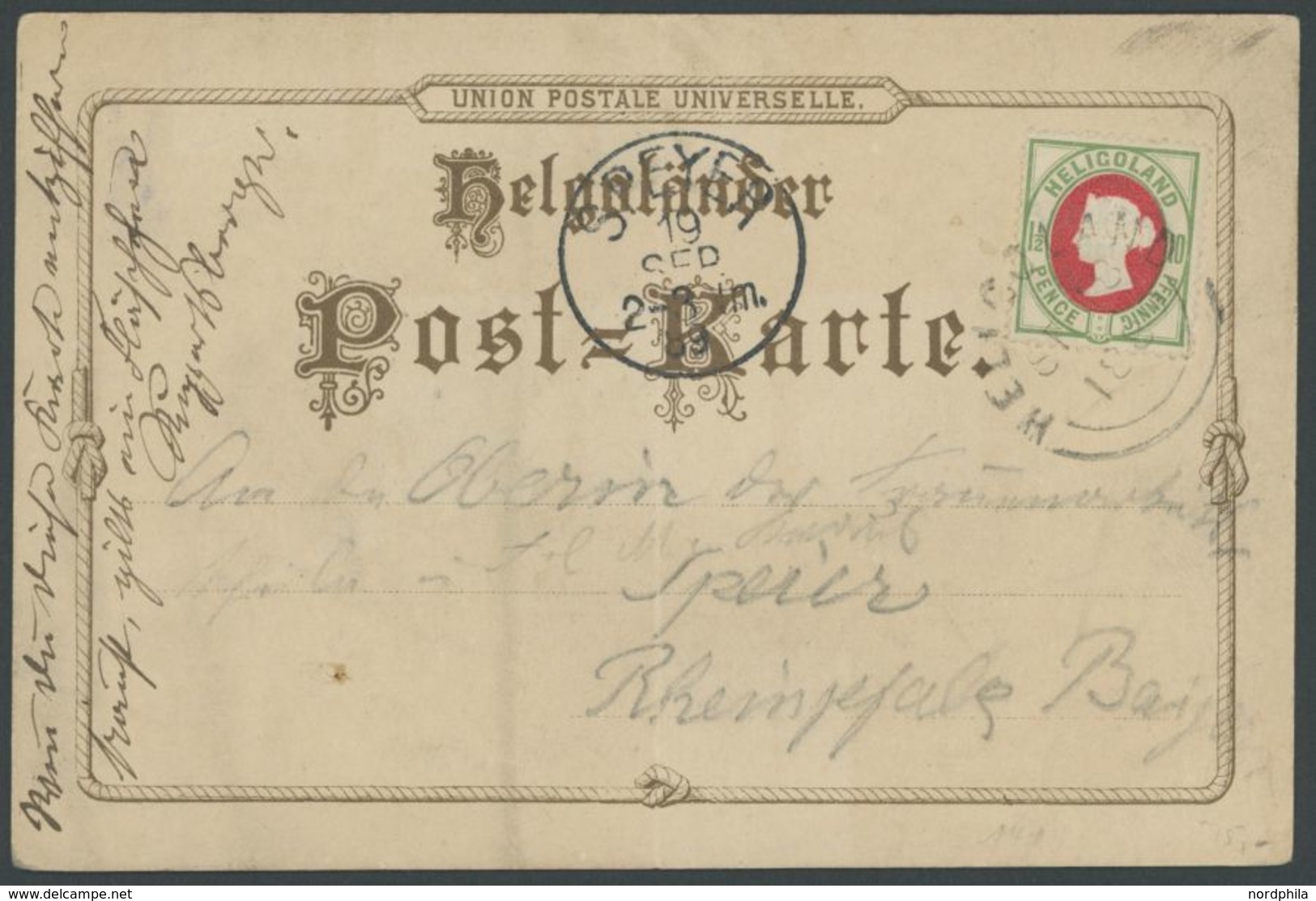 1889, 10 Pf. Hellgrün/mittelrot Auf Gruss Aus Helgoland-Karte (senkrechter Bug), Feinst -> Automatically Generated Trans - Helgoland