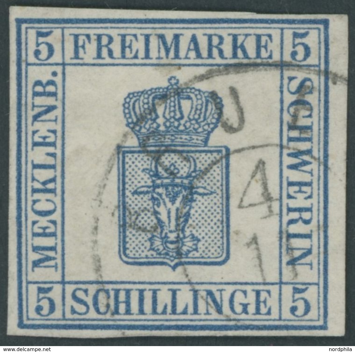 1856, 5 S. Blau, K2 BRUEL, Pracht, Mi. 400.- -> Automatically Generated Translation: 1856, 5 S. Blue, Two Ring Cancel "B - Mecklenburg-Schwerin