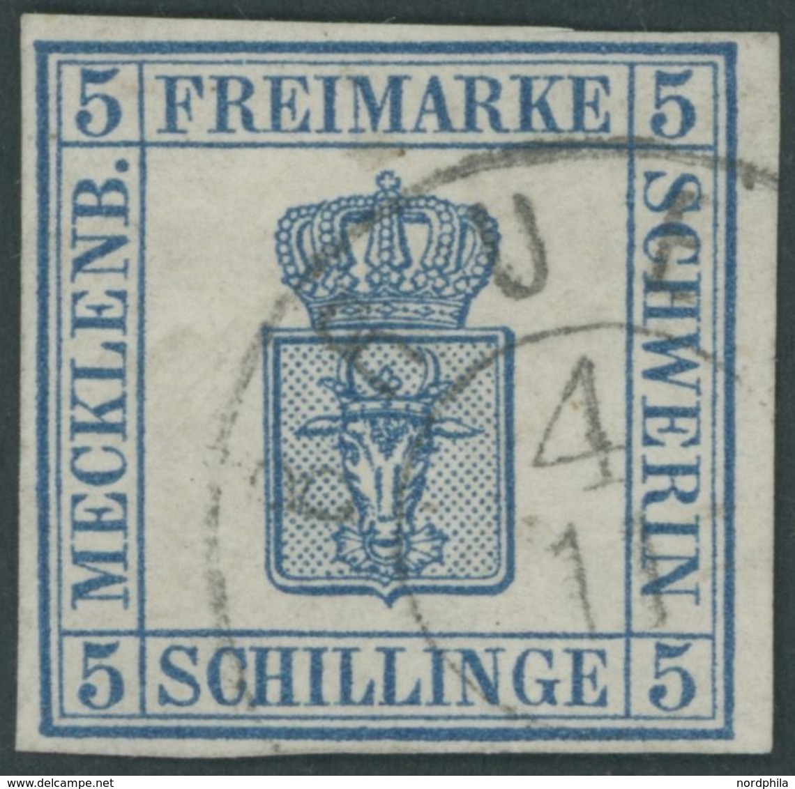 1856, 5 S. Blau, K2 BRUEL, Pracht, Mi. 400.- -> Automatically Generated Translation: 1856, 5 S. Blue, Two Ring Cancel "B - Mecklenbourg-Schwerin