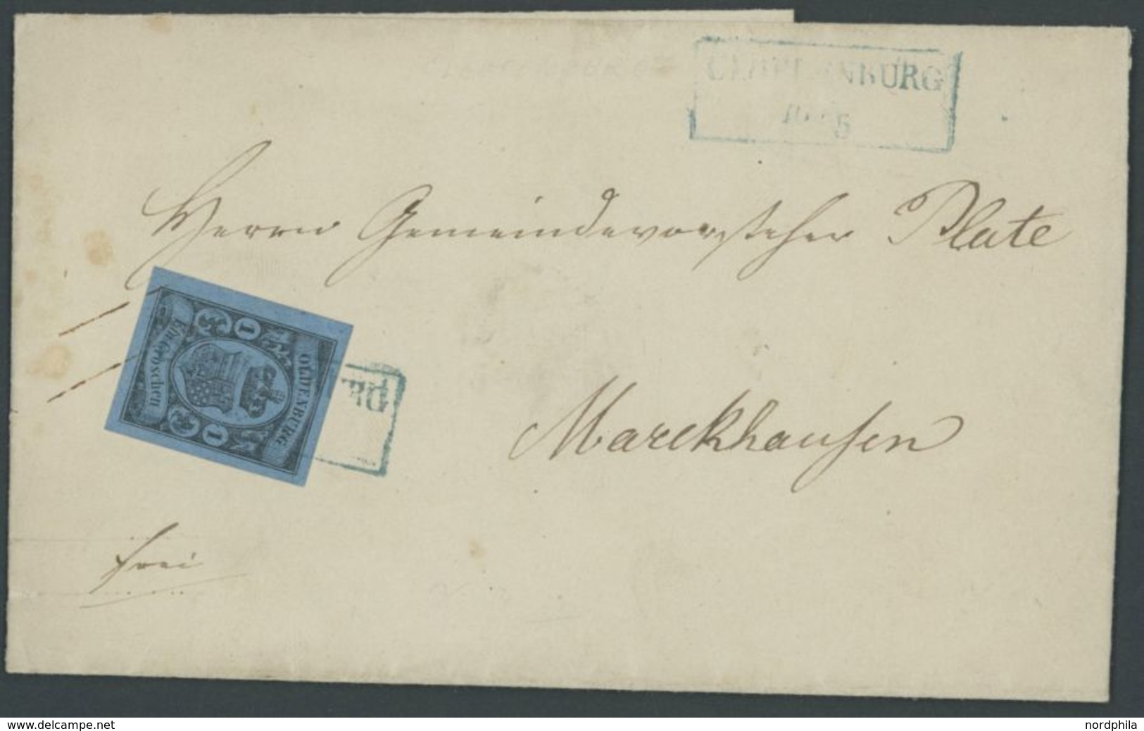 1861, 1 Gr. Schwarz Auf Hellblau, Breitrandig Auf Brief Mit Blauem R2 CLOPPENBURG Nach Marckhausen, Pracht -> Automatica - Oldenbourg