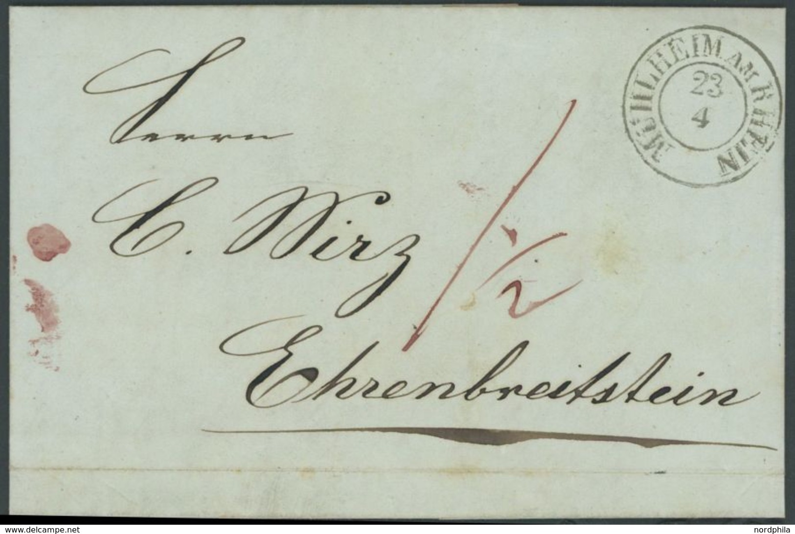 MÜHLHEIM AM RHEIN, K2 Auf Brief (1847) Mit Inhalt Nach Ehrenbreitstein, Etwas Fleckiger Prachtbrief -> Automatically Gen - Prephilately