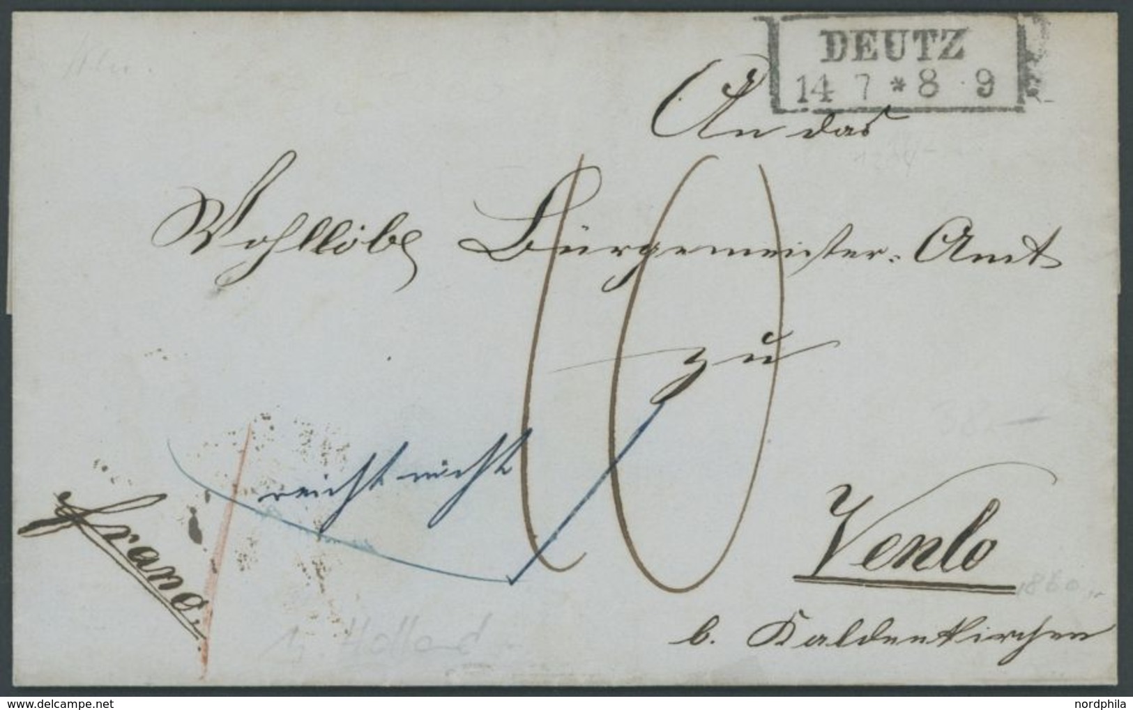 DEUTZ, R2 Auf Brief (1860) Mit Inhalt Nach Venlo (Niederlande), Handschriftlich Franco, Rückseitiger Ankunftsstempel, Pr - Autres & Non Classés
