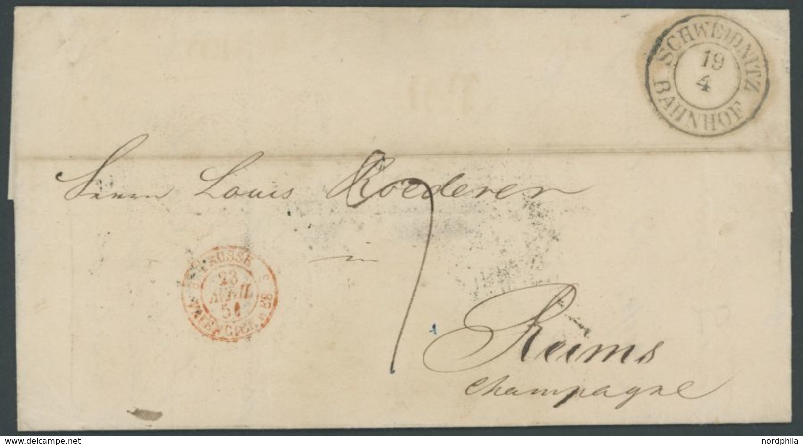 SCHWEIDNITZ BAHNHOF, K2 Auf Brief (1851) Mit Inhalt Nach Reims/Champagne, Roter K2 PREUSSE REGISTERED, Rückseitig Mehrer - Sonstige & Ohne Zuordnung