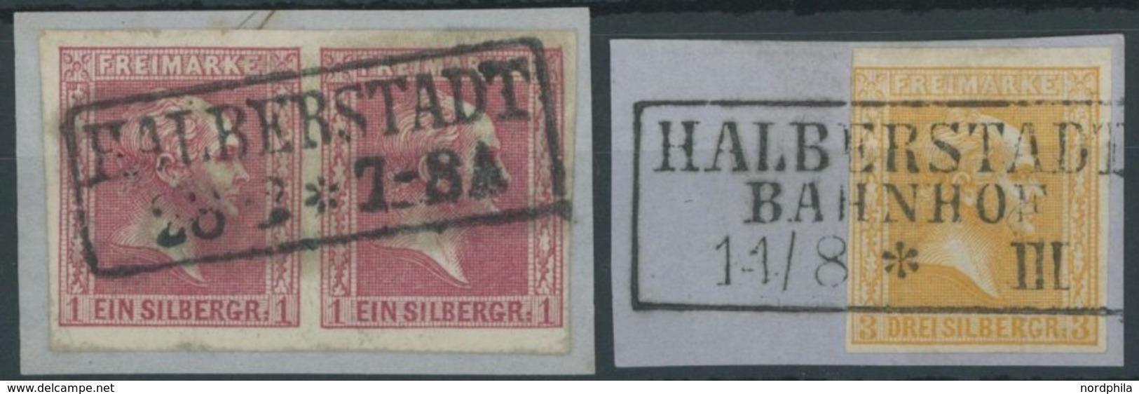 1858/9, 1 Sgr. Karminrosa Und 3 Sgr. Gelborange, R2 HALBERSTADT Und HALBERSTADT BAHNHOF, 2 Prachtbriefstücke -> Automati - Other & Unclassified