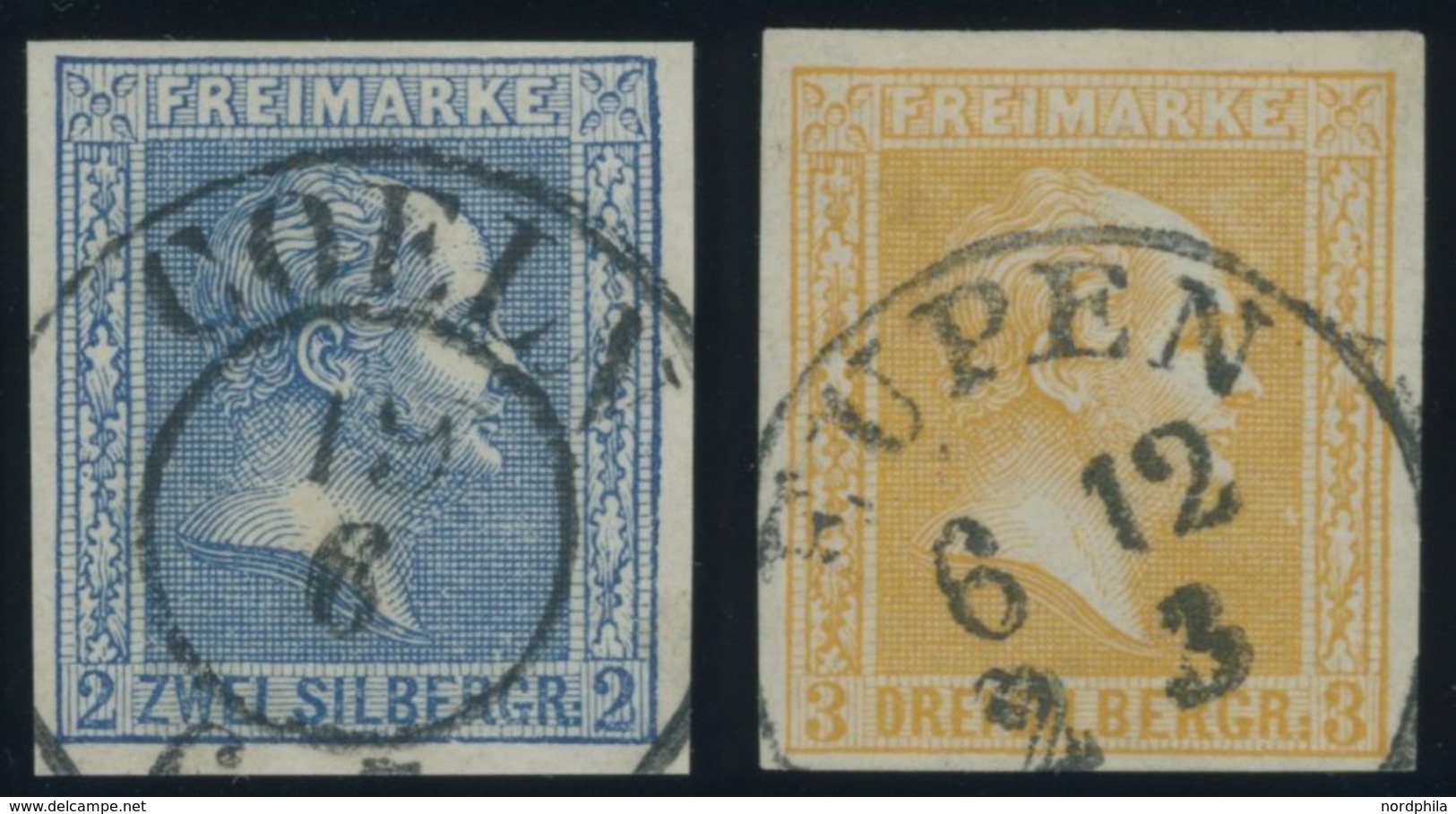 1858/9, 2 Sgr. Blau Und 3 Sgr. Gelb, 2 Kabinettwerte -> Automatically Generated Translation: 1858 / 9, 2 Sgr. Blue And 3 - Sonstige & Ohne Zuordnung